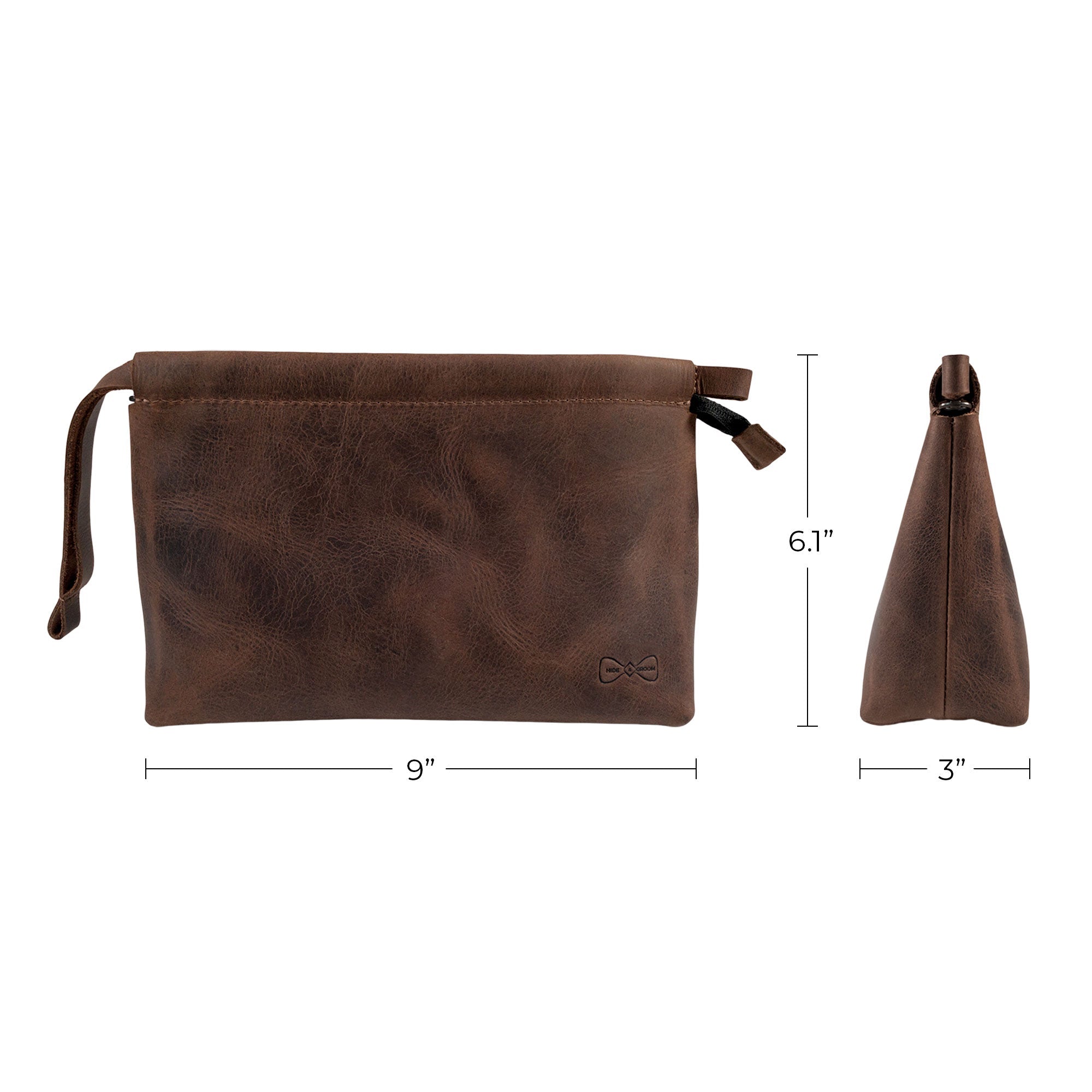 The Rectangular Toiletry Bag with Sliding Handle for Groomsmen by Hide & Groom alongside a card showcasing its craftsmanship and origins. This full grain leather bag is perfect for groomsmen and handmade in La Antigua Guatemala, emphasizing artisan skills and small batch production.
