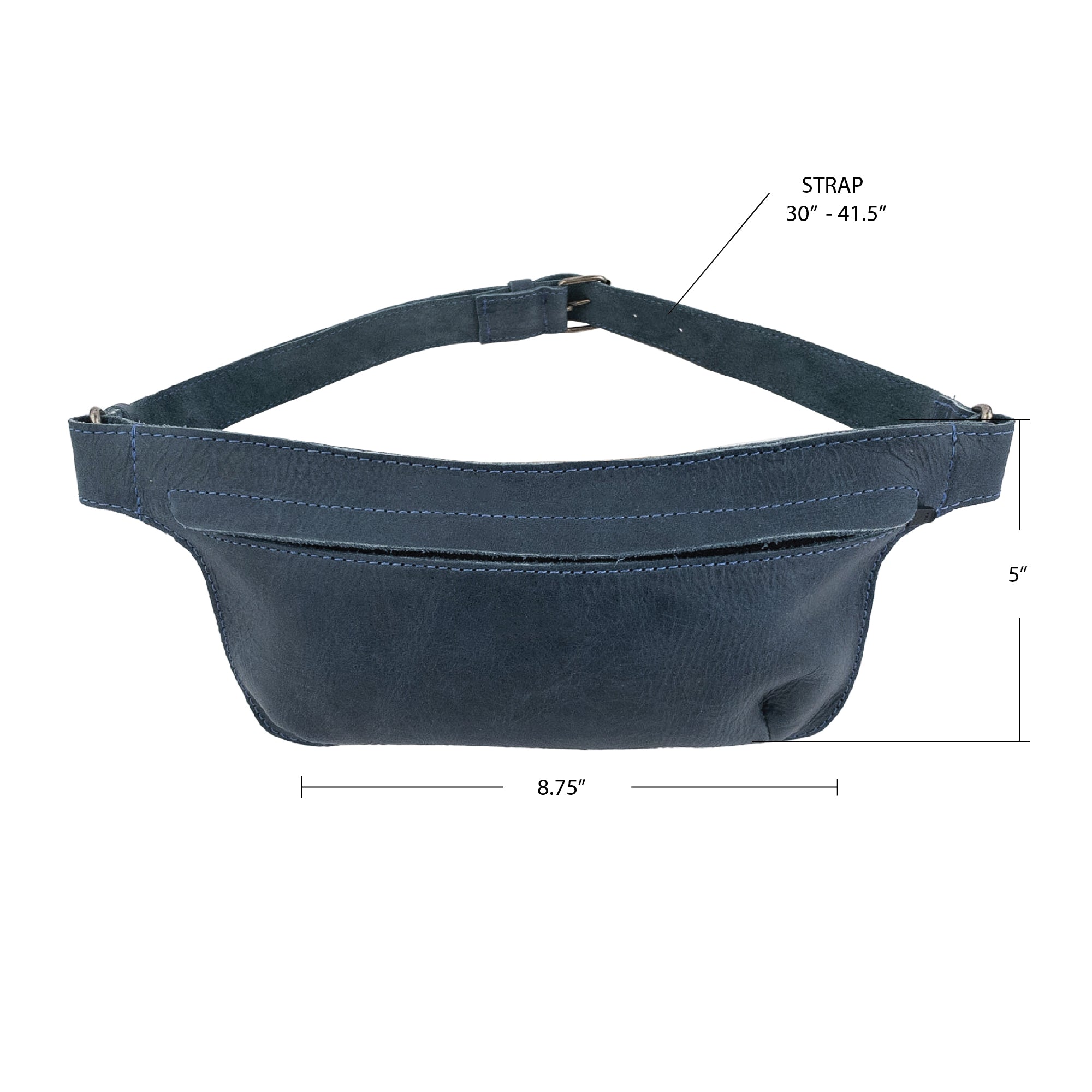 Slim Fanny Pack by Hide & Drink displaying an elegant blue finish with a visible zipper pocket, highlighting the artisanal craftsmanship. This narrow waist bag is made from full grain leather and suits small organizational needs, handmade in Oaxaca Mexico.