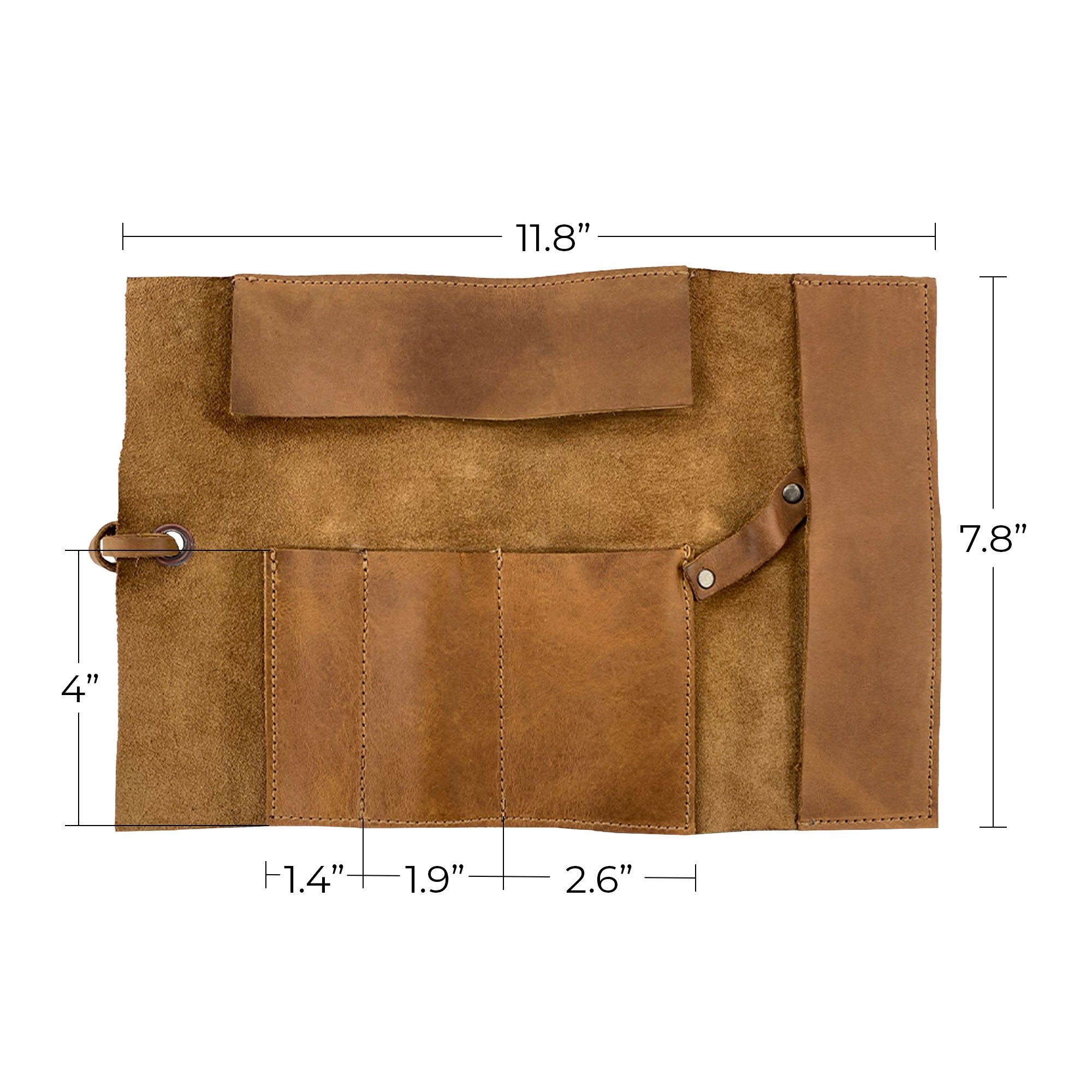 Hide & Drink Multi Purpose Pencil Roll composed of densely stitched compartments for safe storage of tools and art supplies. Handcrafted from full grain leather, this rustic pouch merges quality with functionality.