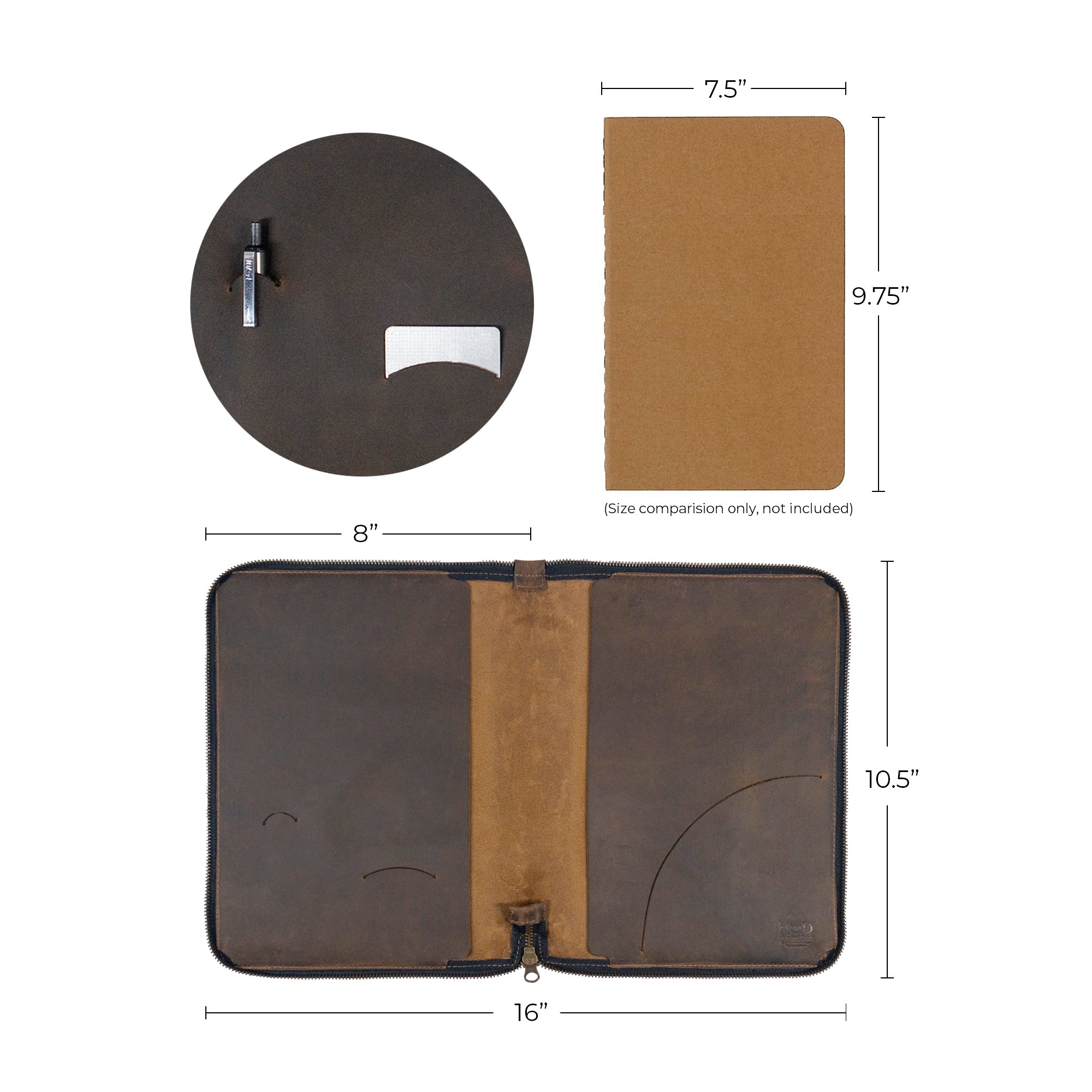 Hide & Drink's Zippered Journal Cover for Moleskine (Notebook NOT Included) displayed with artisan tags, showcasing its handmade heritage from La Antigua Guatemala.