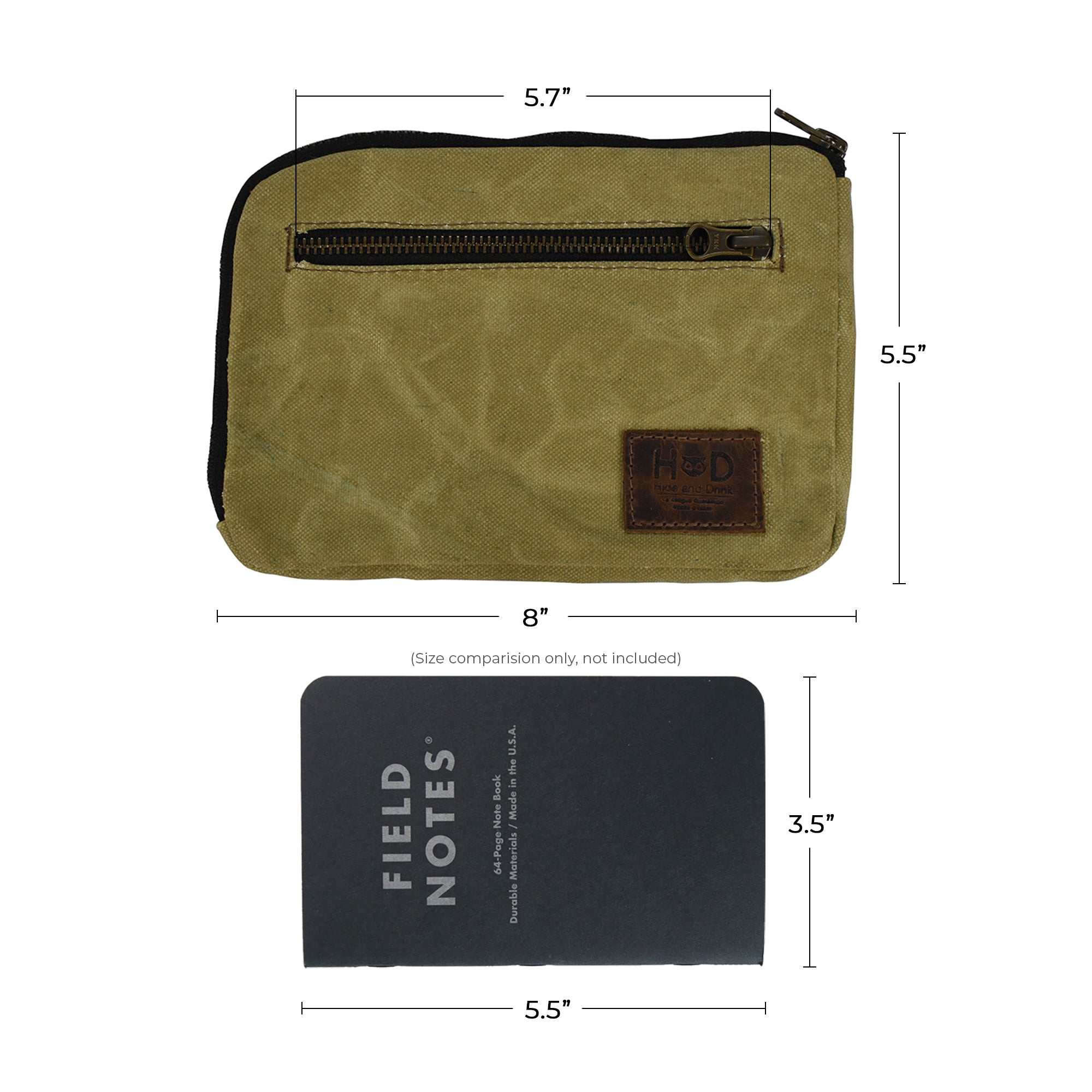 Size comparison of Hide & Drink's Zipper Gear Pouch featuring dimensions, highlighting its compact design suitable for travel, made from durable water resistant waxed canvas.