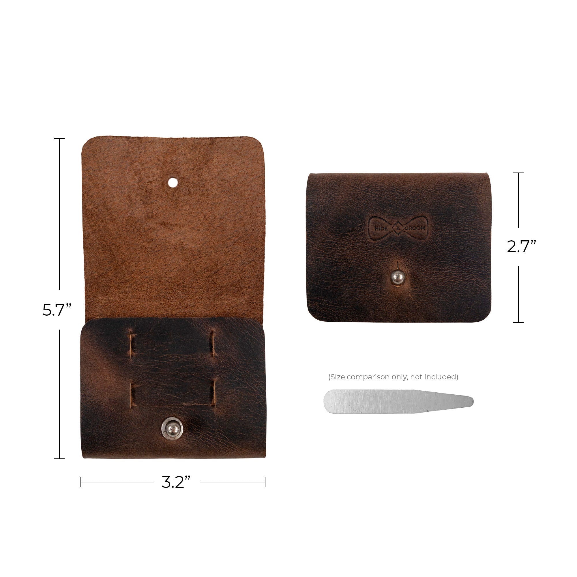 Collar Stays Organizer by Hide & Groom, presented with packaging and information cards. This rustic collar stays case is expertly crafted from full grain leather, perfect for occasions like ceremonies and dinner parties, showcasing small batch, artisan production.