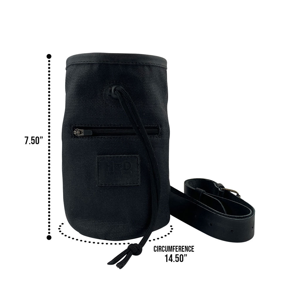 Hide & Drink Chalk Bag dimensions in black, featuring durable Waxed Canvas and a zippered pocket, perfect for rock climbing and gymnastics. This artisan product showcases handmade quality from La Antigua Guatemala & Oaxaca Mexico.