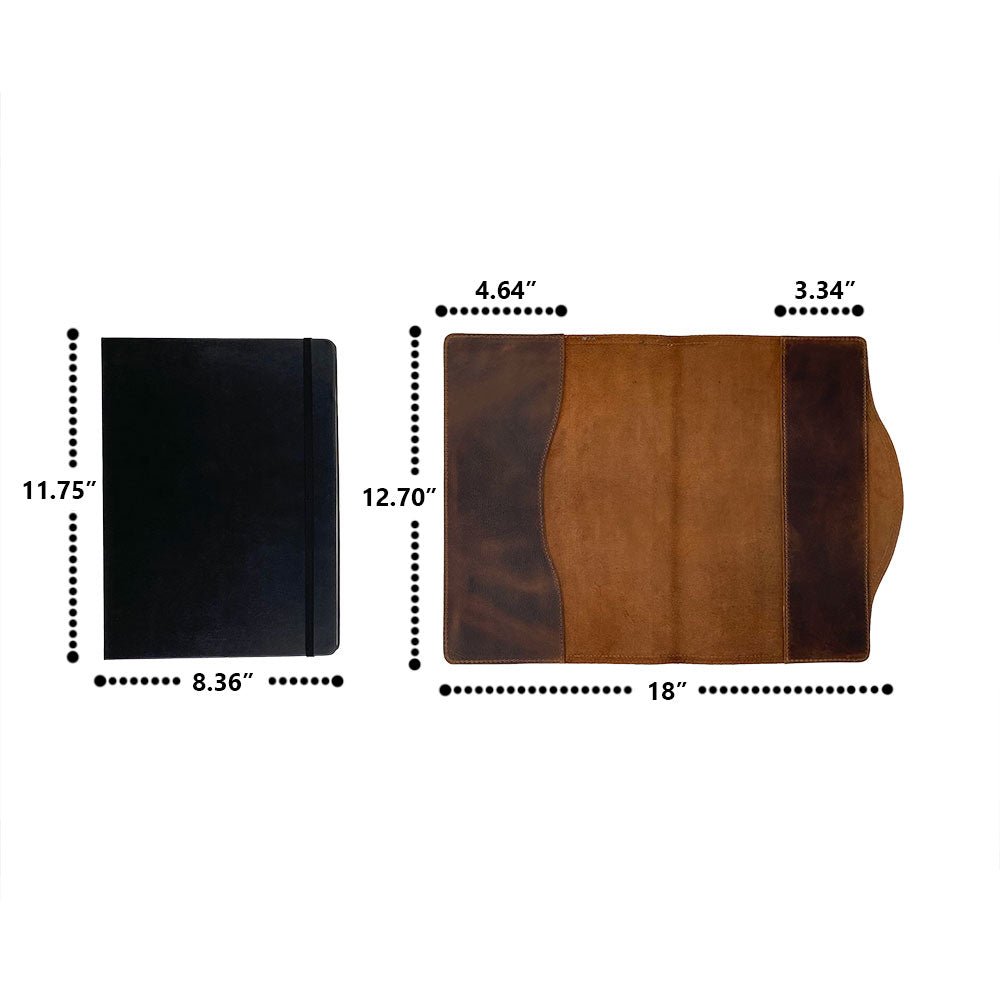 A detailed measurement guide of the Hard Cover Notebook Protector (Notebook NOT Included) by Hide & Drink, highlighting its dimensions. Ideal for Moleskine Hard Cover Sketchbook XXL Size (8.5 x 11 in.), this journal cover made with Full Grain Leather reflects StockyardX’s commitment to small batch production, hand cut, hand sewn, and fire branded craftsmanship by artisans, handmade in La Antigua Guatemala & Oaxaca Mexico.
