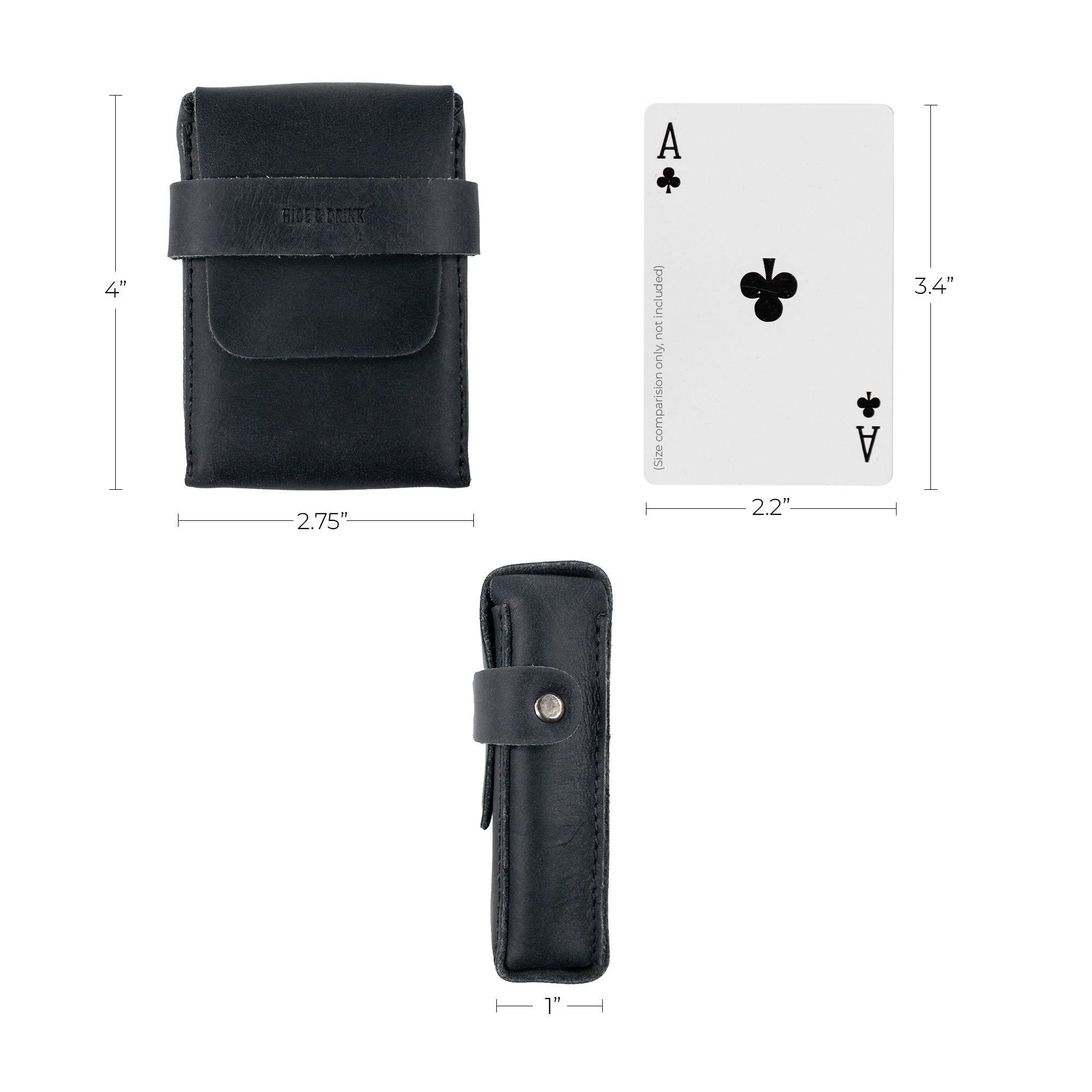 Detailed dimensions of Hide & Drink's black Playing Card Case showcased next to an Ace of spades card. This travel accessory offers a classic case for playing cards (not included), ensuring secure storage. Made from full grain leather, it showcases artisan craftsmanship from StockyardX.