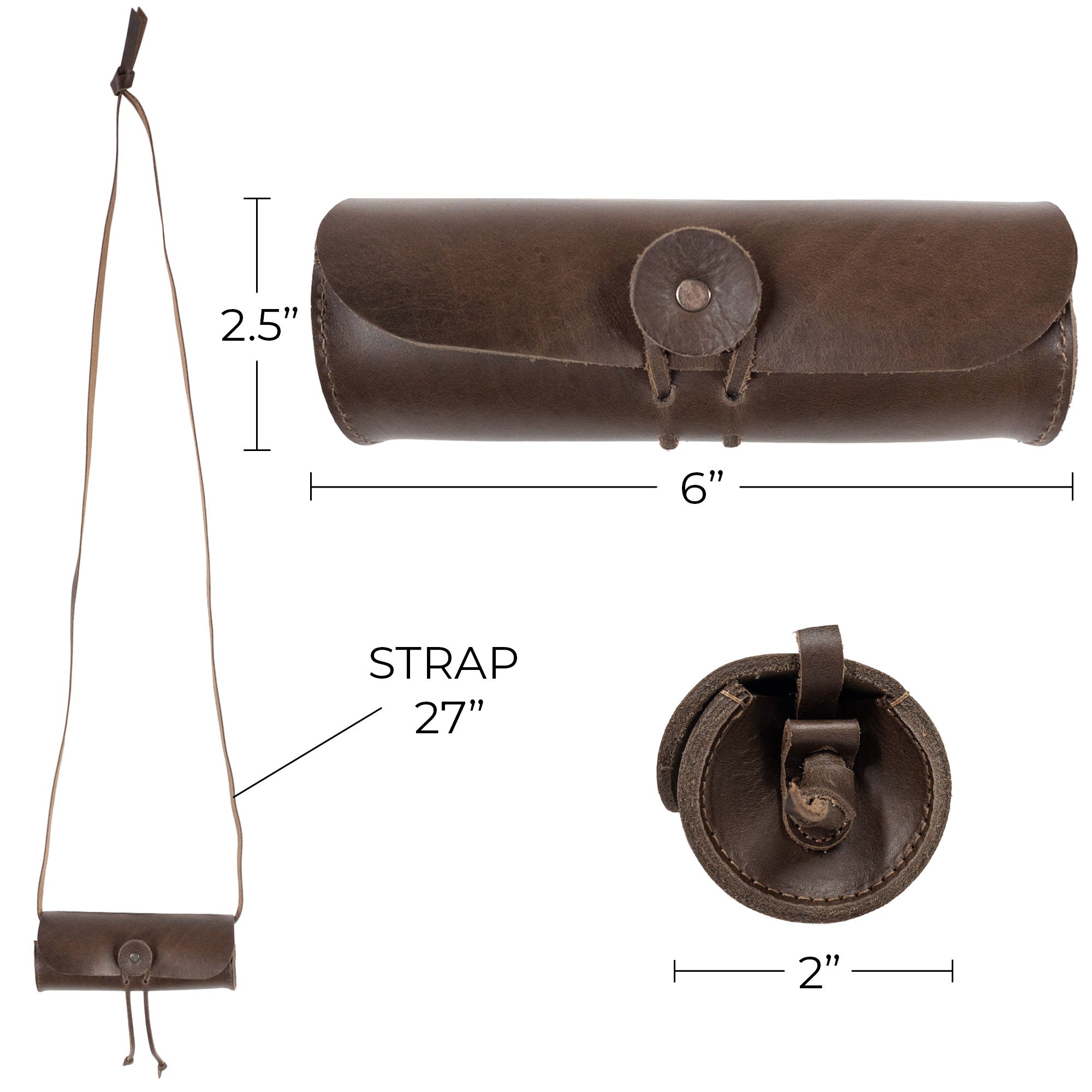 Dimensions of the La Antigua Spotting Scope Case, highlighting its practical design. This rustic case, measuring 6 inches in length, serves as a protective sleeve for outdoor accessories. Hand cut, hand sewn from durable full grain leather, it embodies the artisan craftsmanship of La Antigua, Guatemala.