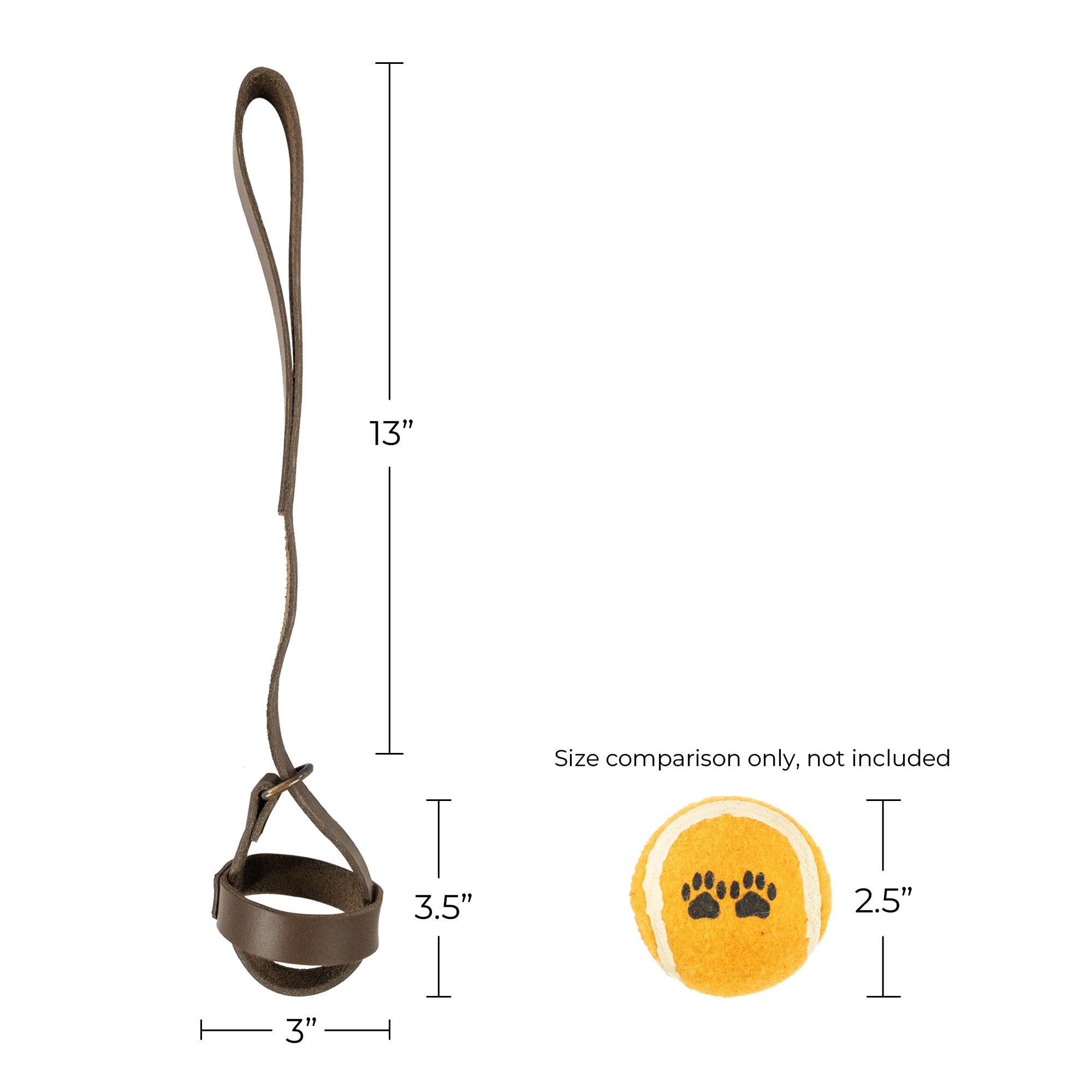 Size comparison image of the Dog Ball Holder by Taco Dog, emphasizing its practical dimensions alongside a standard dog ball toy. This full grain leather holder exemplifies high-quality pet supplies and highlights its artisan-made features, ensuring hands-free access during exciting playtime in La Antigua Guatemala.