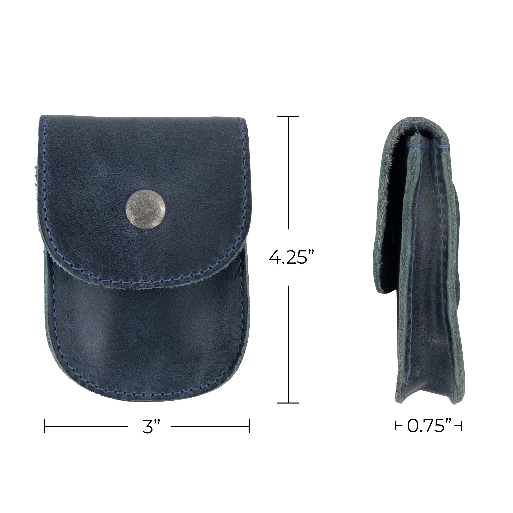 Dimensions of the Navy Holster Pouch by Hide & Drink, exemplifying its compact size and practical usage. Handmade from full grain leather, this durable pouch is an essential accessory for everyday carry.