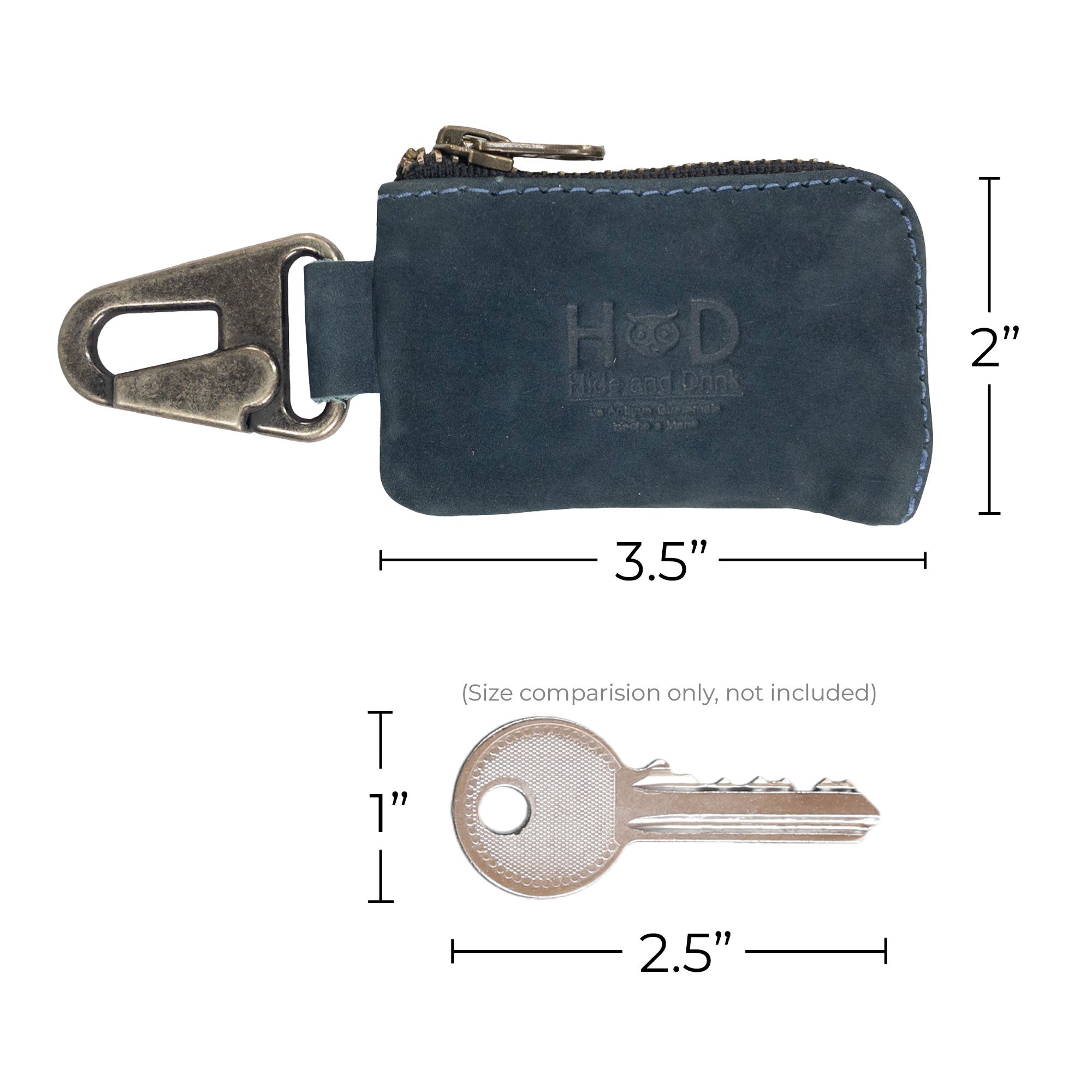 An overview of the Car Key Holder by Hide & Drink, designed for easy access with its nickel metal clasp. This full grain leather accessory secures your keys, cash, and additional items like headphone cables and flash drives, crafted in La Antigua Guatemala & Oaxaca Mexico.