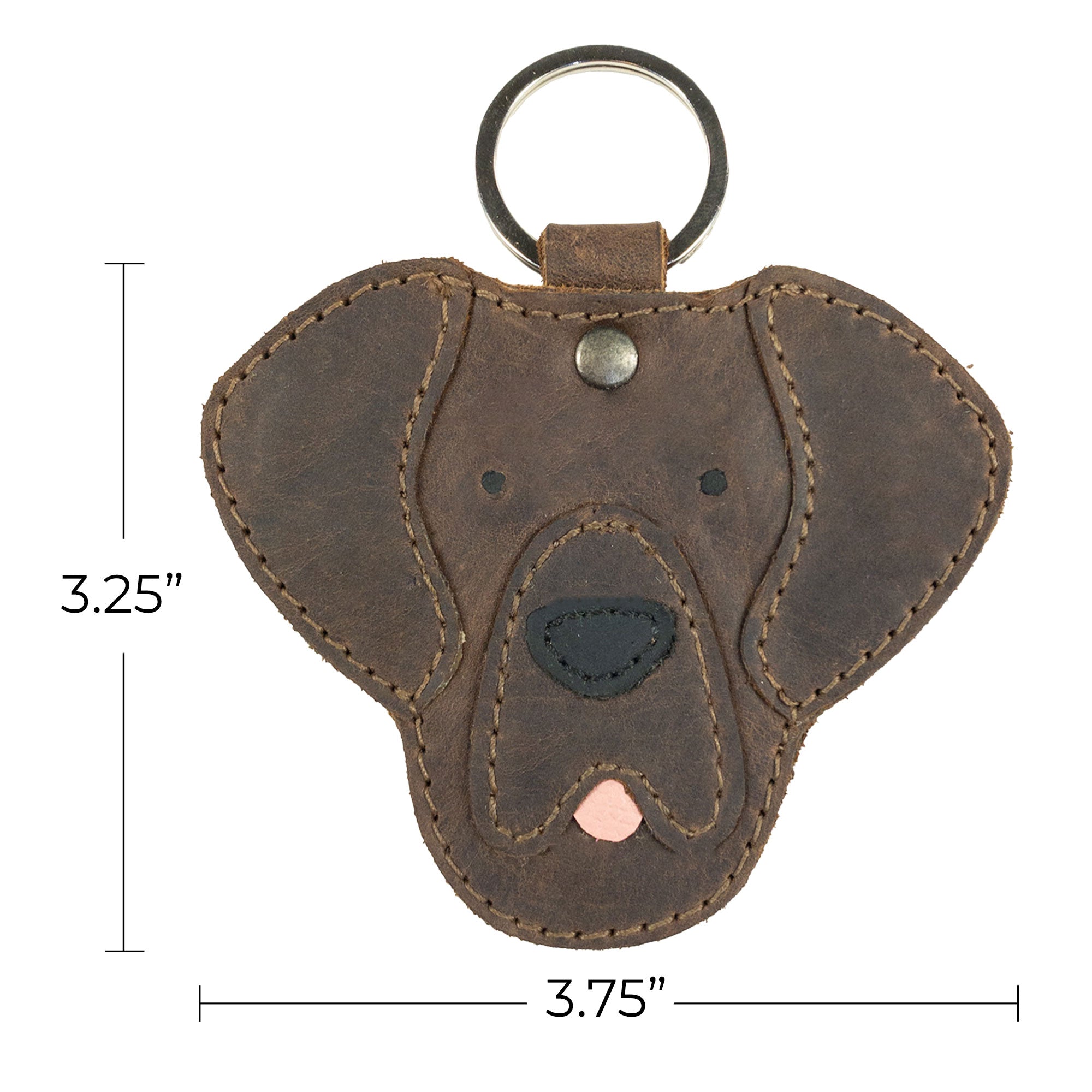 Dimensions of the Labrador Dog Critter Keychain by Taco Dog shown, measuring 3.75 inches long. This handmade keychain features Full Grain Leather, crafted through small batch production, showcasing artisan quality and hand sewn details.