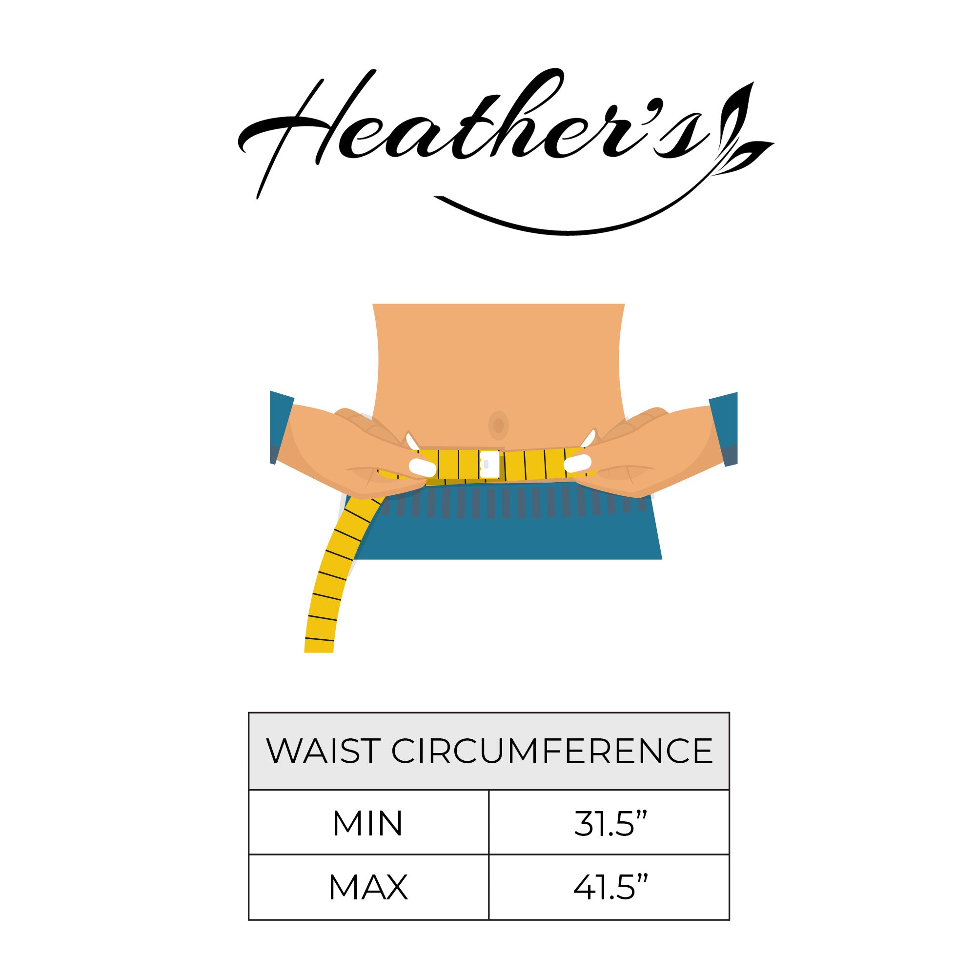 Illustration showcasing the sizing guide for Heather's Fashion Belt for Women, emphasizing its adjustable no-buckle design. Ideal for all body types, this stylish waist strap is crafted from full grain leather in small batches. Fashion Belt for Women without Buckle, No-Buckle Belt, Stylish Belly Accessory, Small Batch Production, Hand Cut, Hand Sewn, Fire Branded, Artisan.