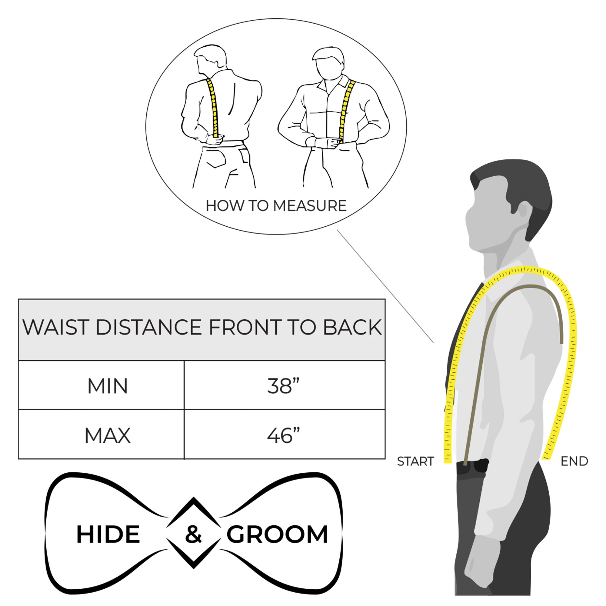 Illustration of how to measure for Y Back Button End Suspenders by Hide & Groom. Ideal for groomsmen and best men, these suspenders offer a stylish solution for events. Designed from full grain leather, they are handmade and fire branded, ensuring a perfect fit for any occasion in La Antigua Guatemala.