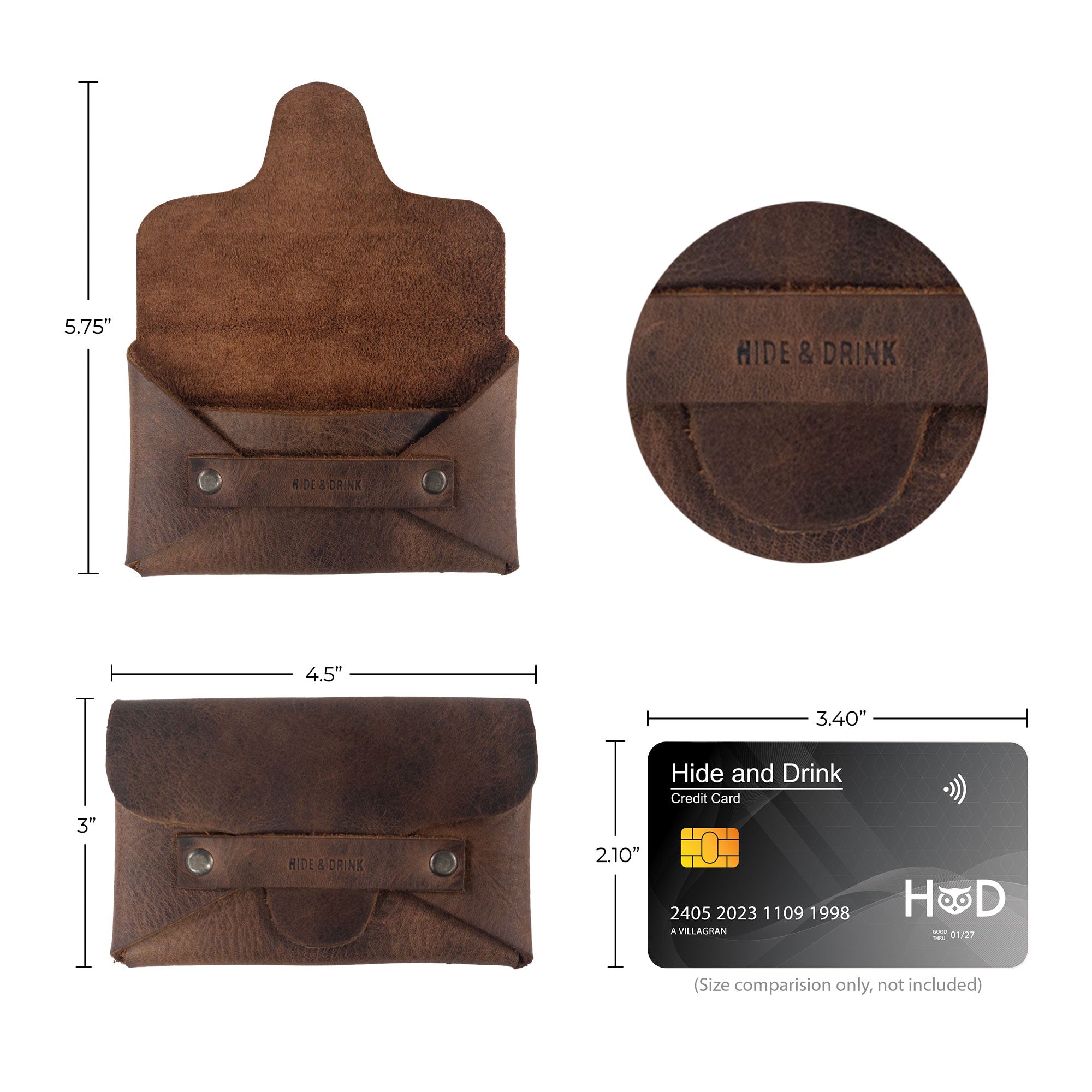 Hide & Drink's Snapless Business Card Holder with dimensions displayed alongside a credit card, illustrating its compact size and practical use. This sturdy pouch serves as a vintage wallet and money organizer for men and women, made from durable Full Grain Leather. Each holder reflects the commitment to small batch production and artisan techniques, hand cut and hand sewn in La Antigua Guatemala and Oaxaca Mexico.