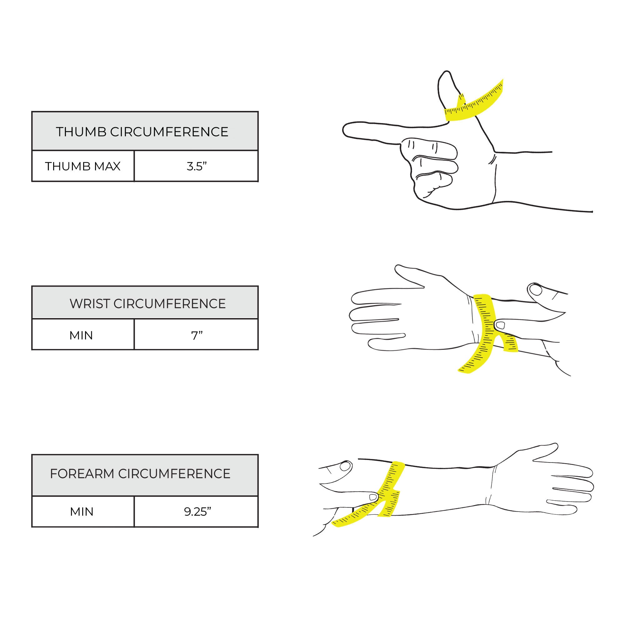 Measurement guide for the Archery Forearm Protector by Valhalla Gear, detailing the ideal sizes for fit. This arm guard is handcrafted from full grain leather and designed for bow shooting practice, training, and cosplay, reflecting the artisan small batch production methods from La Antigua Guatemala & Oaxaca Mexico.