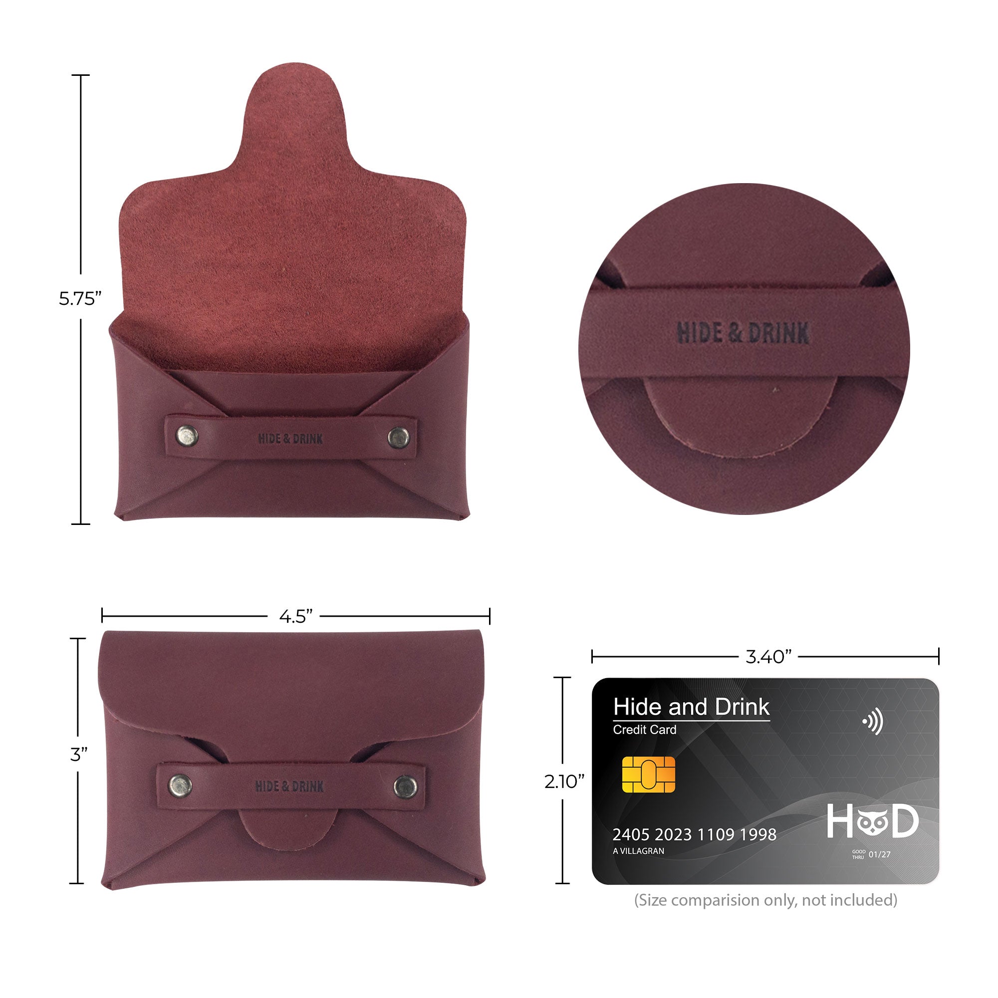 Hide & Drink's Snapless Business Card Holder with dimensions shown. This versatile Snapless Business Card Holder for Men and Women is a practical vintage wallet that offers a sturdy pouch and money organizer. Crafted from Full Grain Leather, it highlights small batch production, hand cut, hand sewn, and fire branded artisan quality made in La Antigua Guatemala & Oaxaca Mexico.