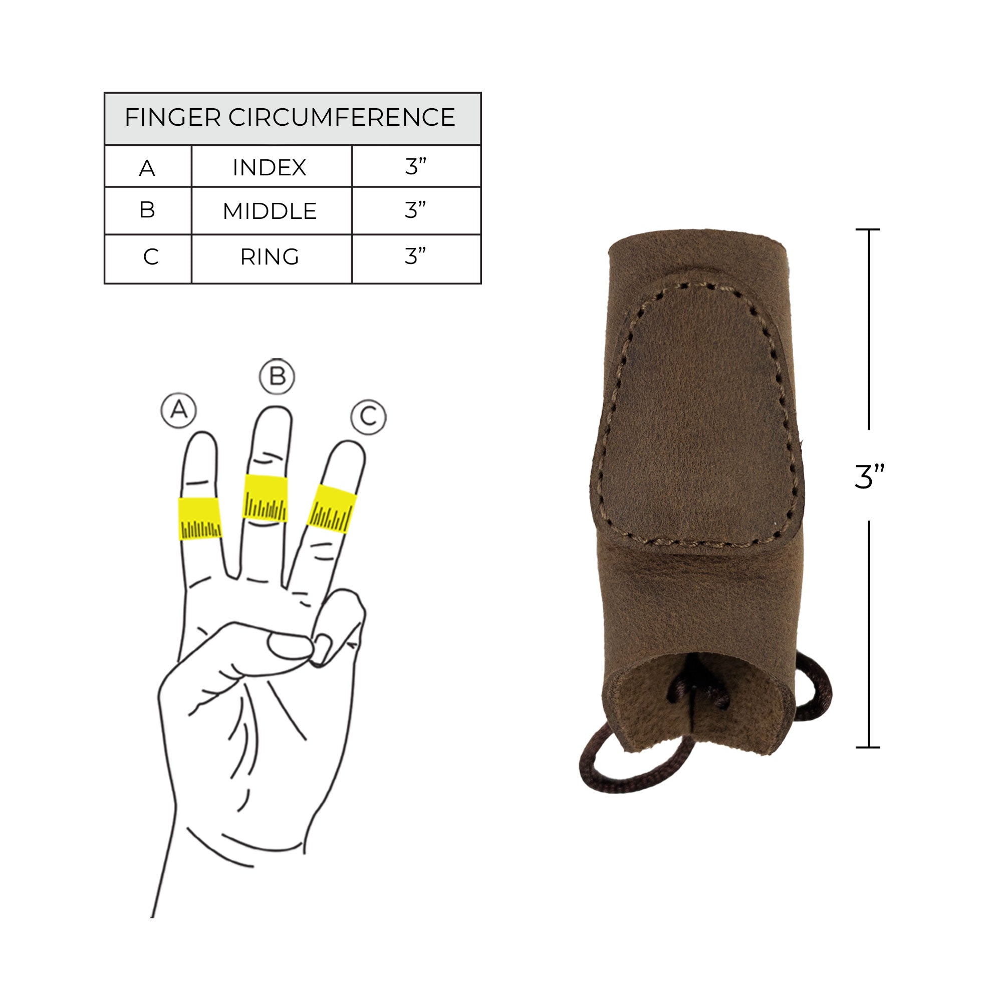 A detailed view of the dimensions and finger circumference guide for the Set of 3 Finger Protectors for Archery by Valhalla Gear. Ideal for archer accessories, these hand guards made of full grain leather are suited for recurve bows and practice in shooting targeting. With small batch production, every piece is hand cut, hand sewn, and fire branded, designed by artisans in La Antigua Guatemala.