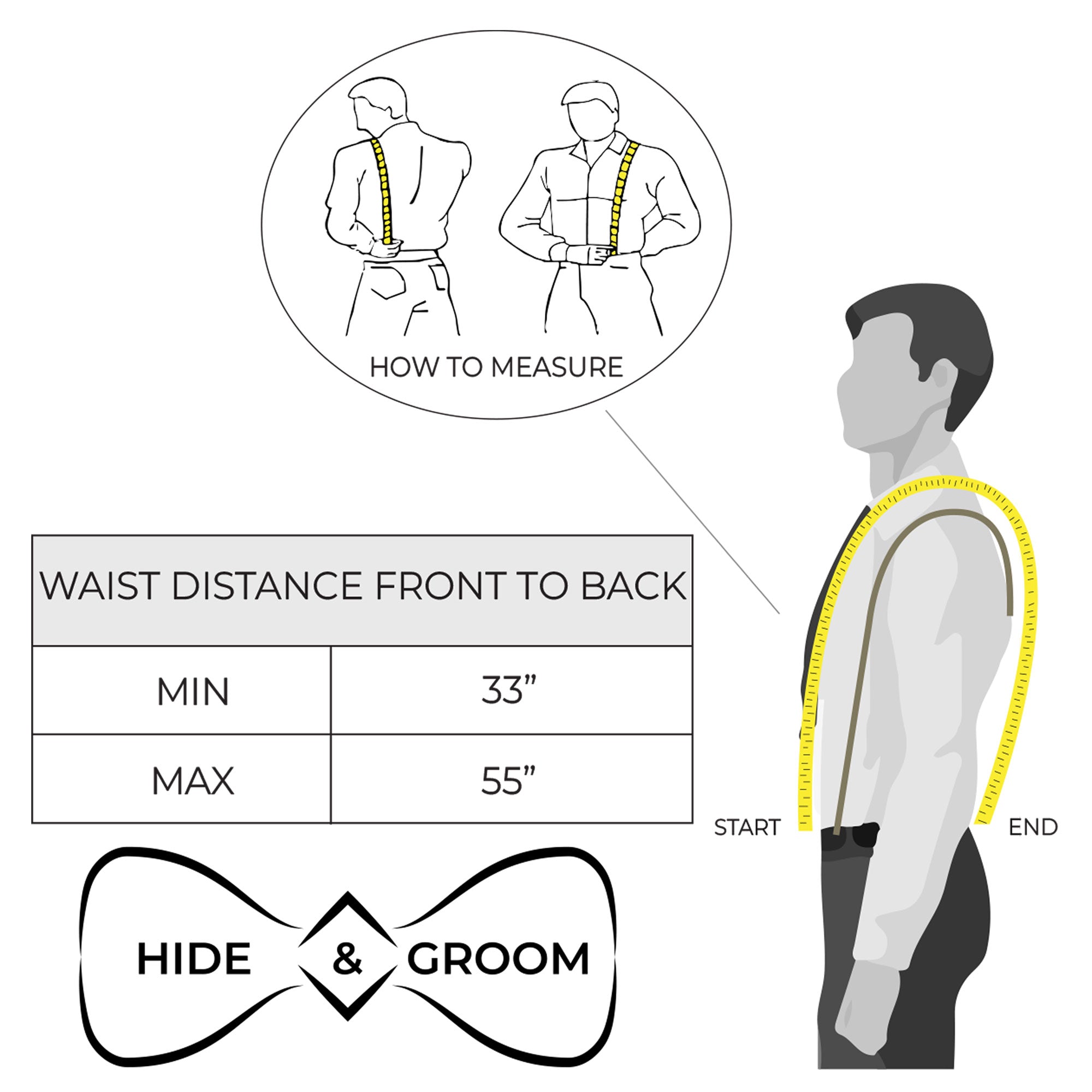 Image showing how to measure for Rustic Suspenders with Adjustable Size Straps for Men by Hide & Groom. These Full Grain Leather suspenders are ideal for weddings and Steampunk attire, emphasizing the importance of artisan craftsmanship.