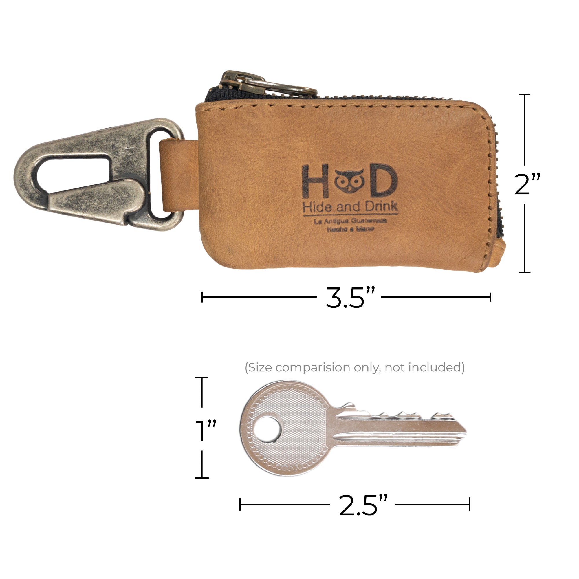 Detailed view of the brown Car Key Holder by Hide & Drink, showcasing its practicality while holding keys and cash and accommodating Headphone and charging Cables, Memory Cards, and Flash Drives. This stylish item, crafted with Full Grain Leather and featuring a Nickel Metal Clasp, represents artisan skills from Small Batch Production in La Antigua Guatemala & Oaxaca Mexico.