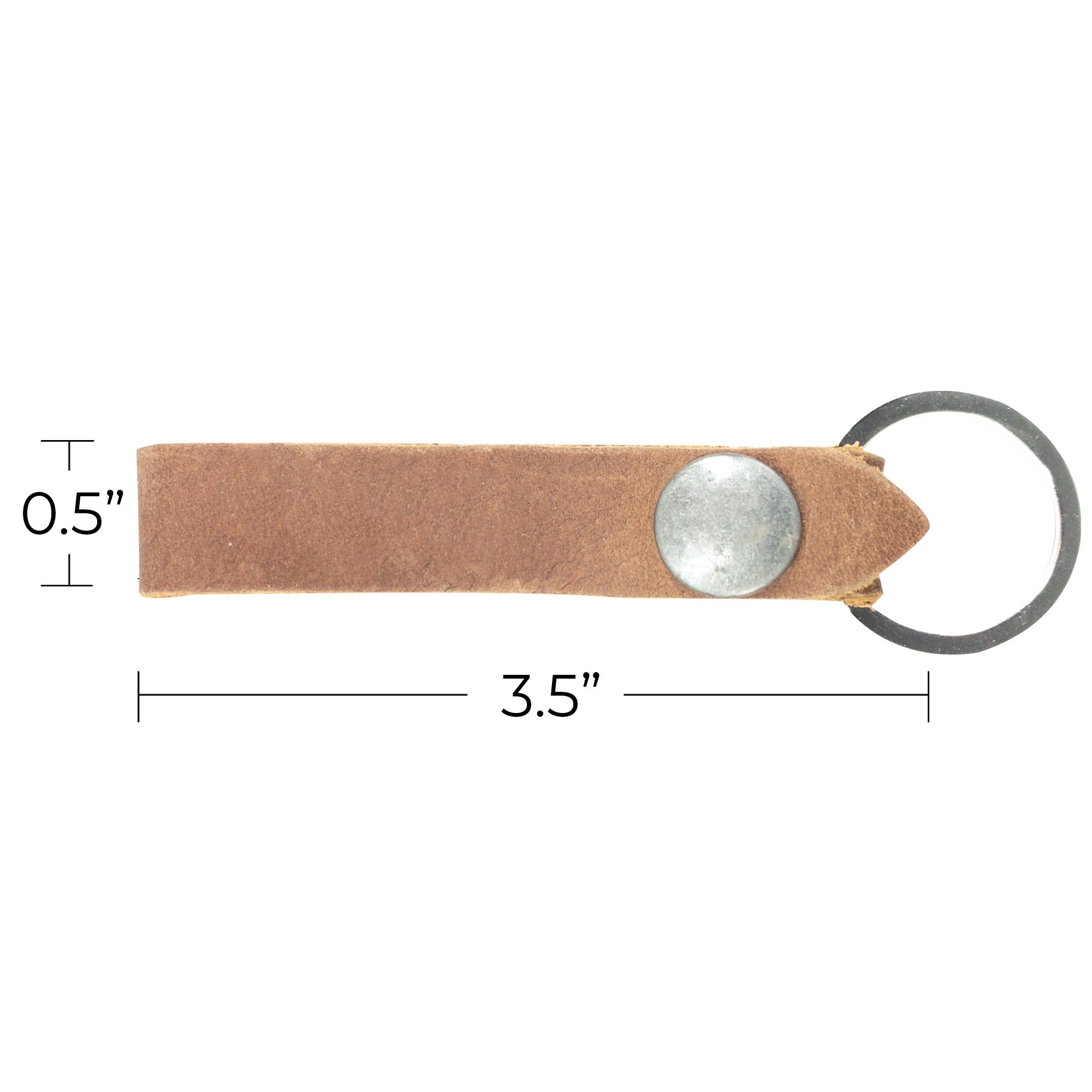 Hide & Drink Loop Keychain showcasing precise dimensions of 3.5" length and 0.5" height. This handcrafted keyring organizer in brown full grain leather represents artisan quality in small batch production in La Antigua Guatemala & Oaxaca Mexico.