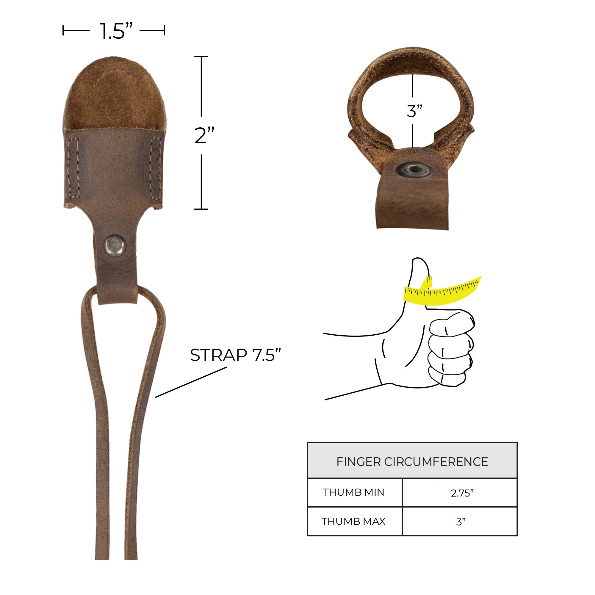 A dimensional image of the Archery Thumb Finger Protector by Valhalla Gear, featuring sizing specifications. This product is expertly made with artisan techniques, combining practicality for shooting with the quality of full grain leather, a must-have for all archery training.