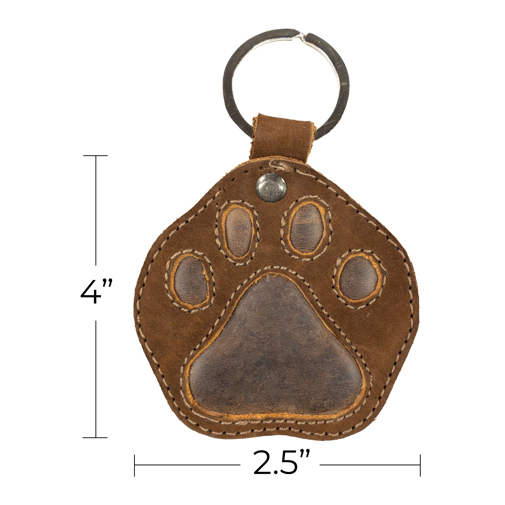 Detailed Dog Paw Keychain by Taco Dog, showcasing measurement dimensions and an attractive, stitched full grain leather design. This key ring fob, perfect as a gift, is artisan crafted in La Antigua Guatemala & Oaxaca Mexico, celebrating small batch production.
