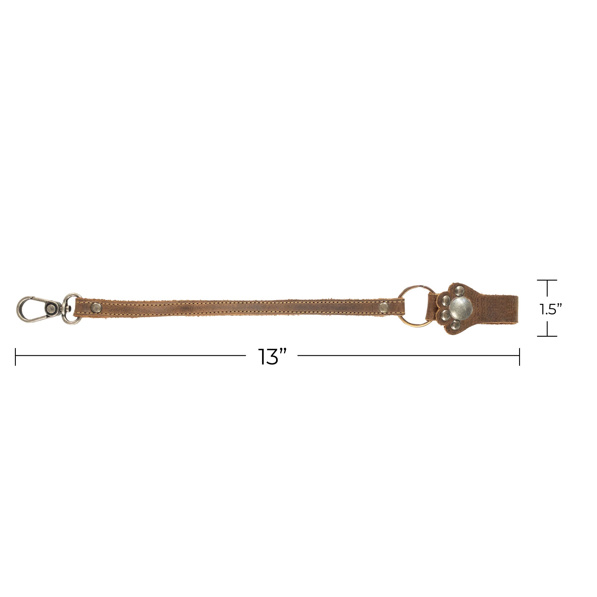 Elegant Paw Lanyard from Hide & Drink highlighting its detailed craftsmanship and dimensions. This Full Grain Leather key holder organizer is a perfect gift and embodies small batch production with artisan techniques, handmade in La Antigua Guatemala & Oaxaca Mexico.