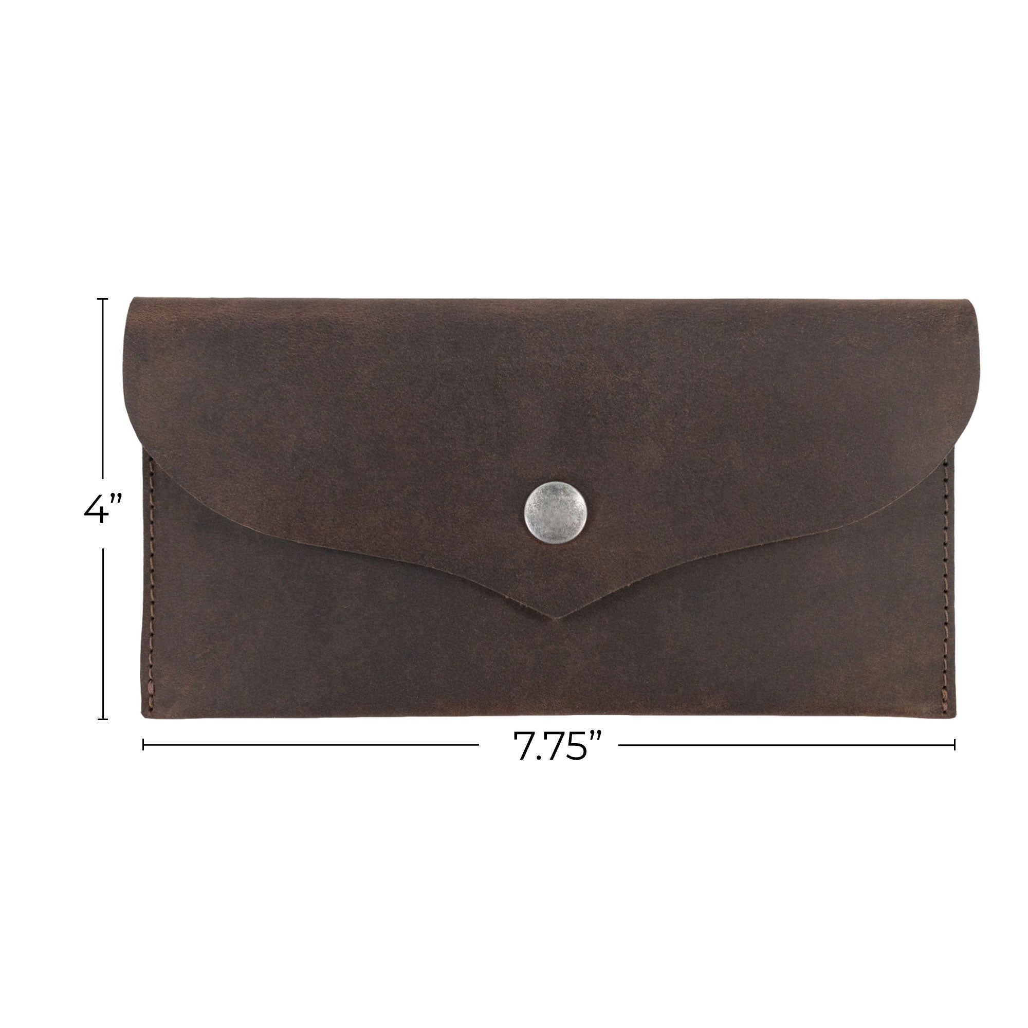 Dimensions of the Cash Pouch with Rivets by Hide & Drink highlighted against the full grain leather. This stylish wallet is both functional and easy to carry, suitable for any cash organizer needs. Cash Pouch, Wallet, Money Organizer, Coin Case, Bill Holder, ID Case, StockyardX, Handmade, Full Grain Leather, Small Batch Production, Hand Cut, Hand Sewn, Fire Branded, Artisan, Handmade in La Antigua Guatemala & Oaxaca Mexico.
