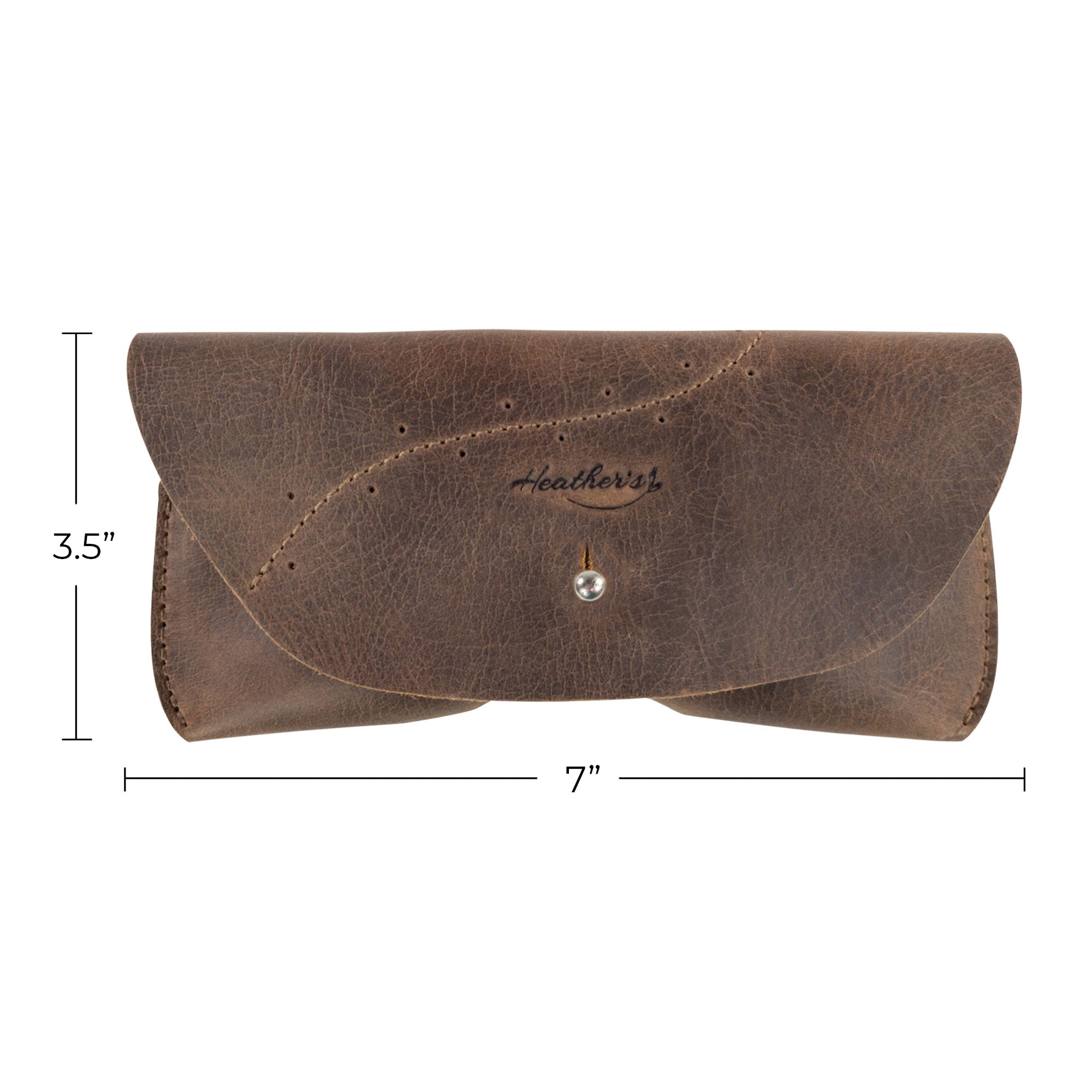Heather's Eyeglasses Case displayed with dimensions, emphasizing its practicality and artisan quality. This handmade eyewear protector merges functionality with beauty, perfect for travel and everyday use.