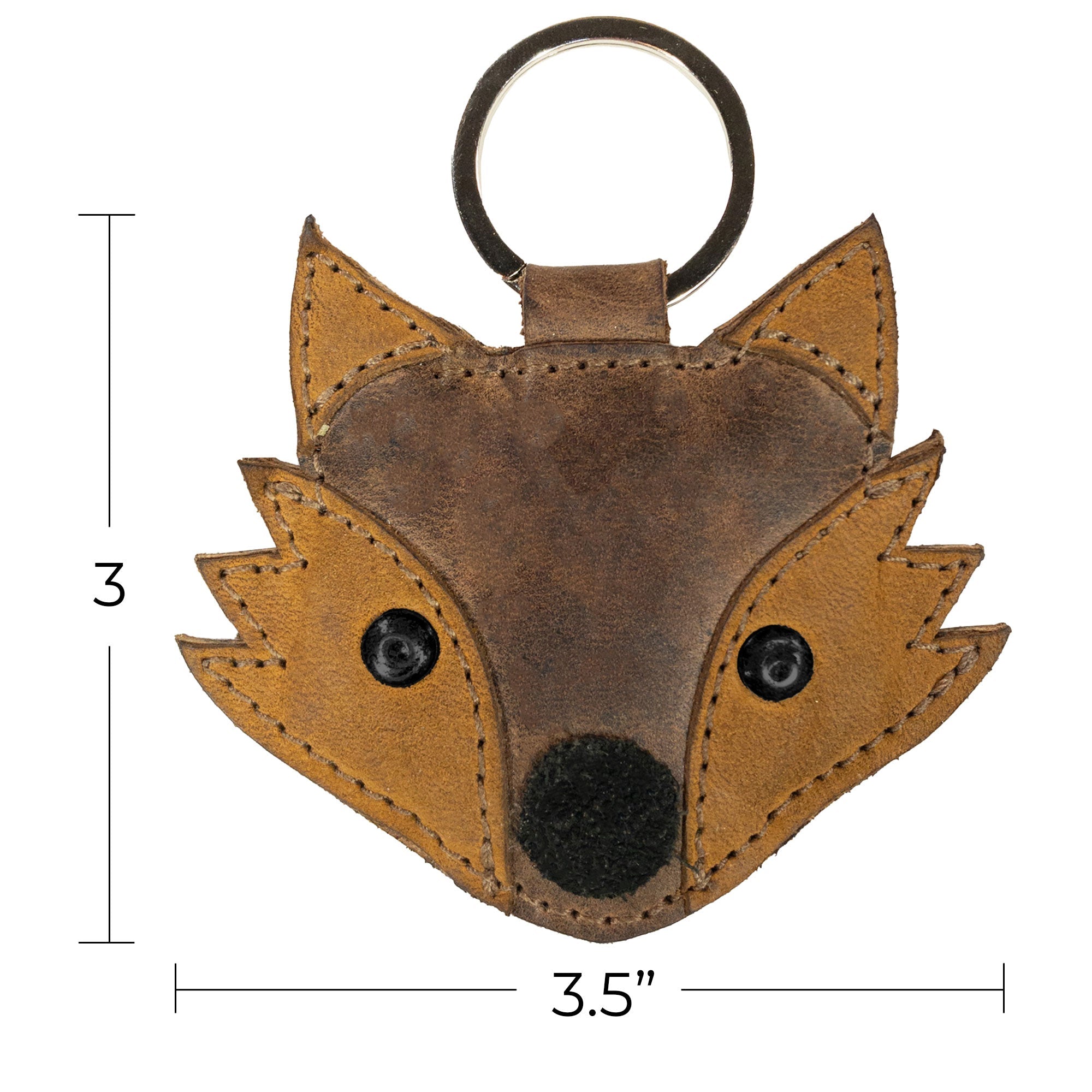 Dimensions of the Fox Keychain from Hide & Drink illustrated beside a ruler. This exquisite leather key ring not only serves as a wildlife accessory but also embodies the hand cut and hand sewn tradition of artisan craftsmanship from La Antigua Guatemala & Oaxaca Mexico.