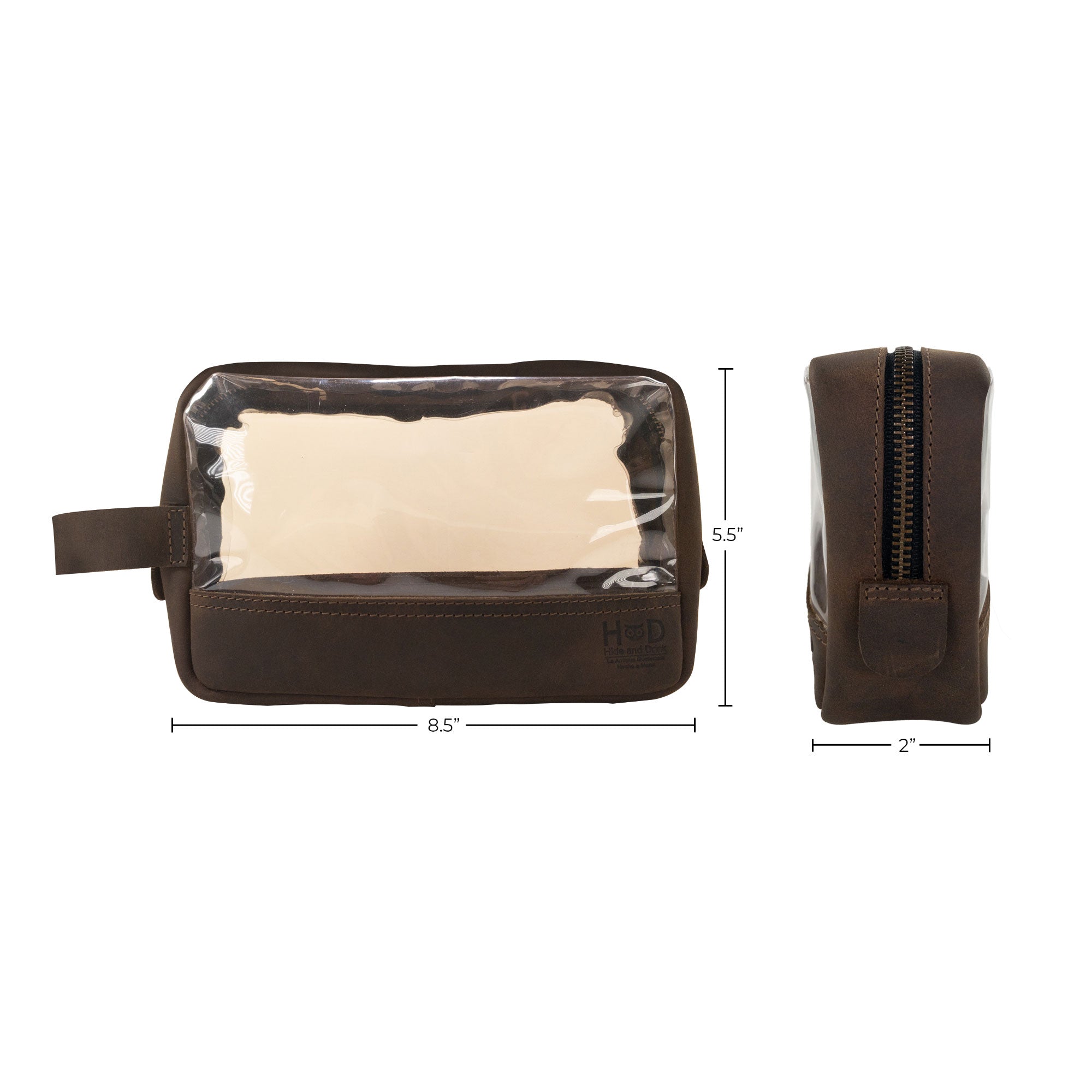 Measurement and detail view of Hide & Drink Transparent Bag for Makeup, emphasis on its dimensions and clear design, crafted from Full Grain Leather, representing small batch production and handmade artistry from La Antigua Guatemala & Oaxaca Mexico.