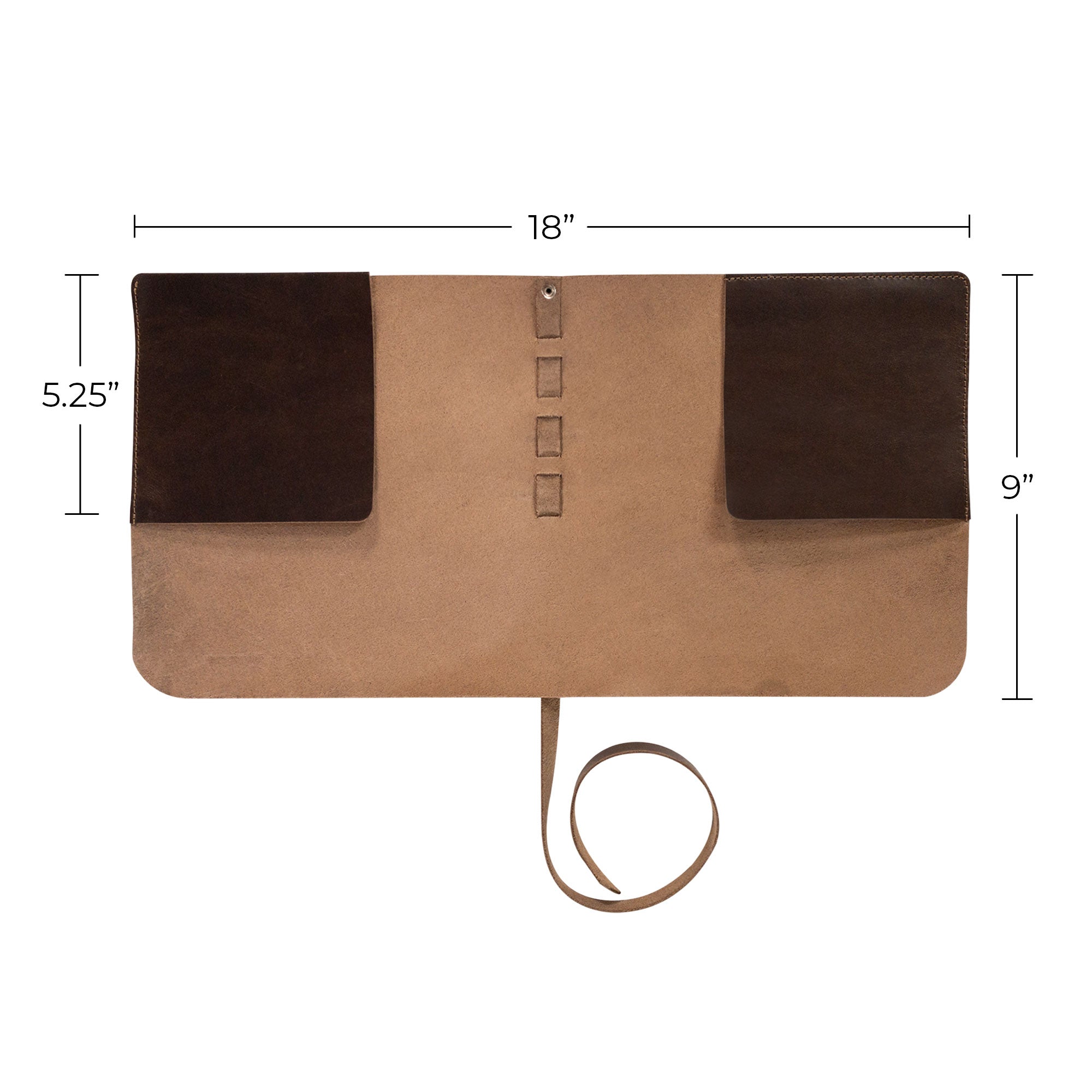 Detailed measurement view of the Drum Stick Roll by tocame, highlighting its dimensions of 18" length by 9" height. This stylish and functional drum stick case is handmade from Full Grain Leather, perfect for drummers seeking a beautiful and practical storage solution for their sticks.