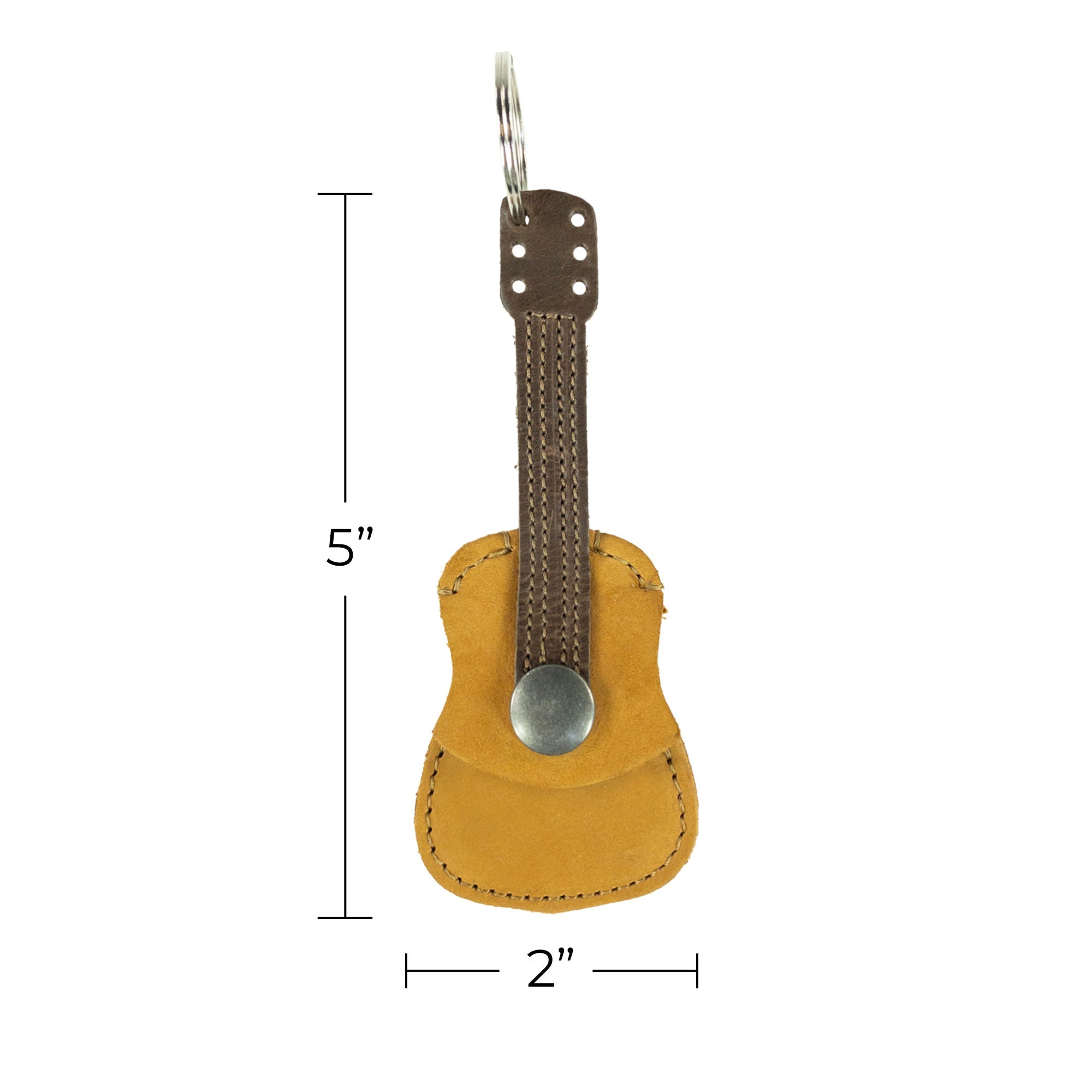 Hide & Drink Guitar Pick Holder with dimensions shown, designed as a Leather Guitar Pick Holder Keychain. This full grain leather creates a stylish picks case instrument gift idea for musicians, handmade and artisan-crafted in La Antigua Guatemala.