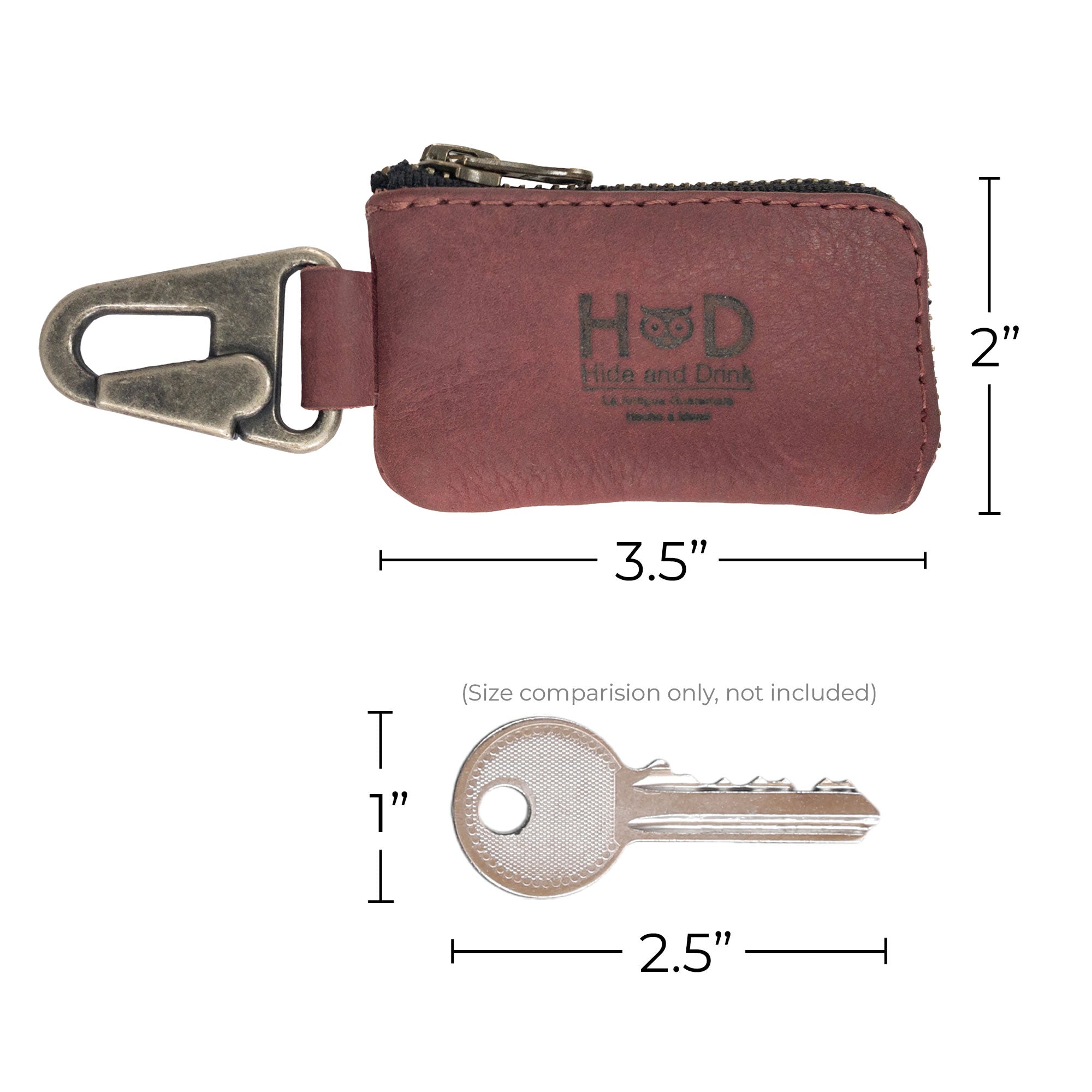Dimensions and specifications of the Car Key Holder by Hide & Drink, illustrating its perfect size for carrying keys and cash while also accommodating Headphone and charging Cables, Memory Cards, and Flash Drives. Made from high-quality Full Grain Leather with a secure Nickel Metal Clasp, reflecting Artisan craftsmanship from La Antigua Guatemala & Oaxaca Mexico.