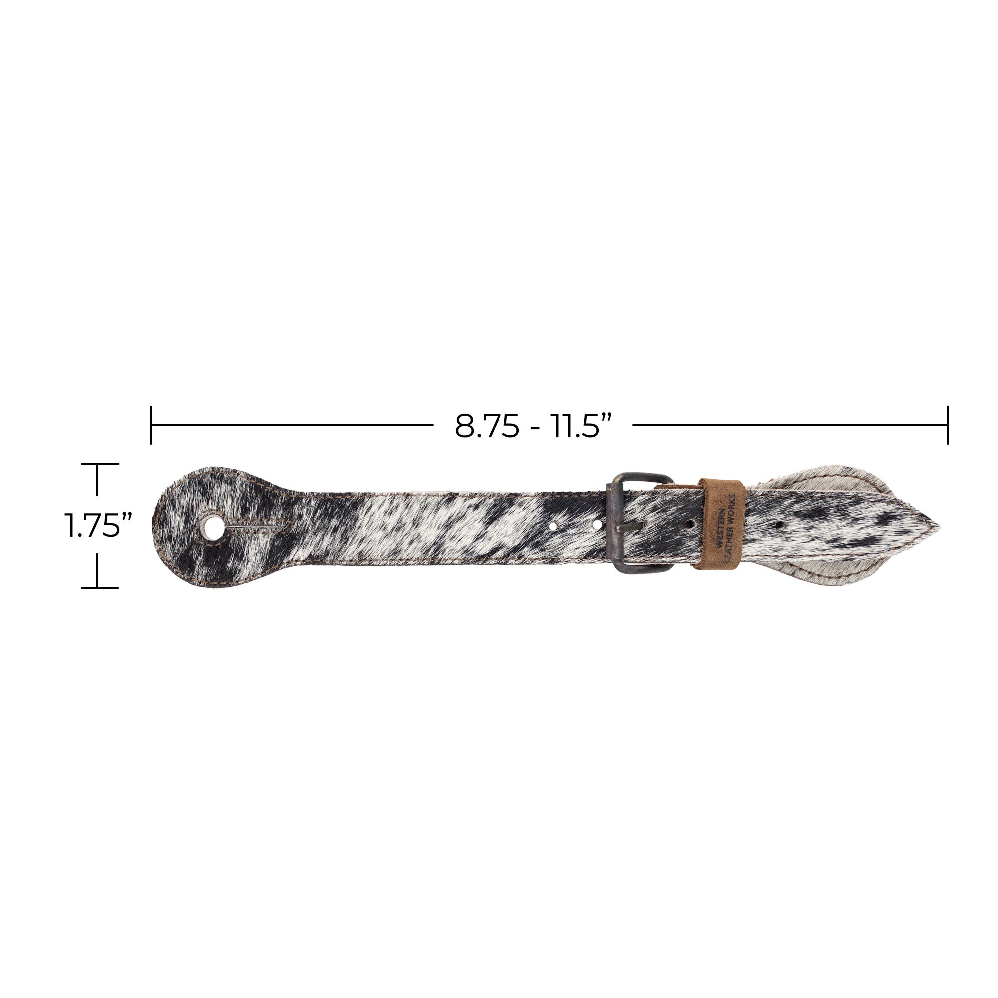 Detailed image showing the dimensions of spur strap by Western Leather Works. Perfect for horse rides, this Spur Straps (2 Pack) is crafted from quality hair-on-hide leather, demonstrating the brand’s dedication to artisan, handmade products.
