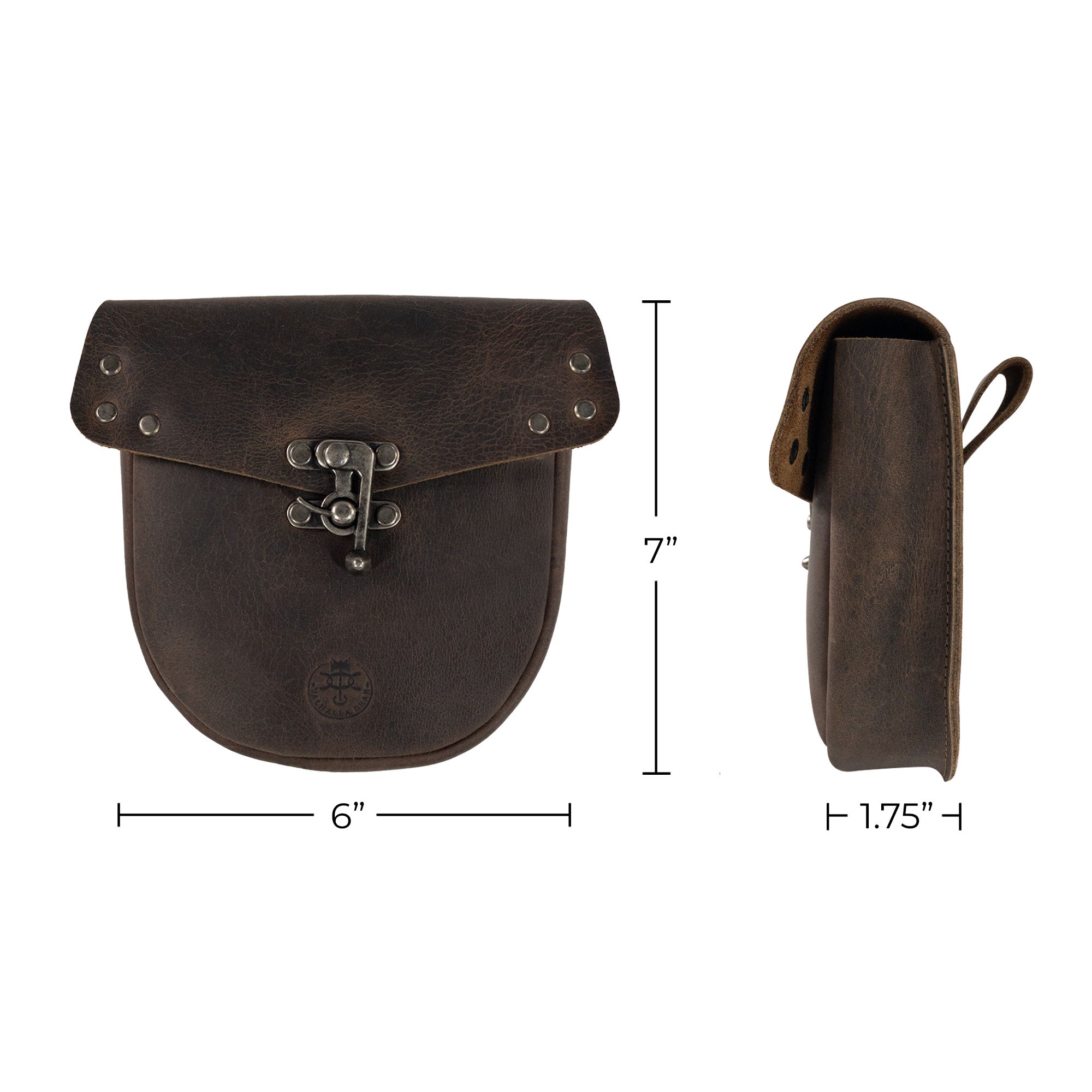 Dimensions of the Vintage Belt Pouch from Valhalla Gear, designed for everyday use with full grain leather, ideal for notebooks and personal items, handcrafted in Guatemala.