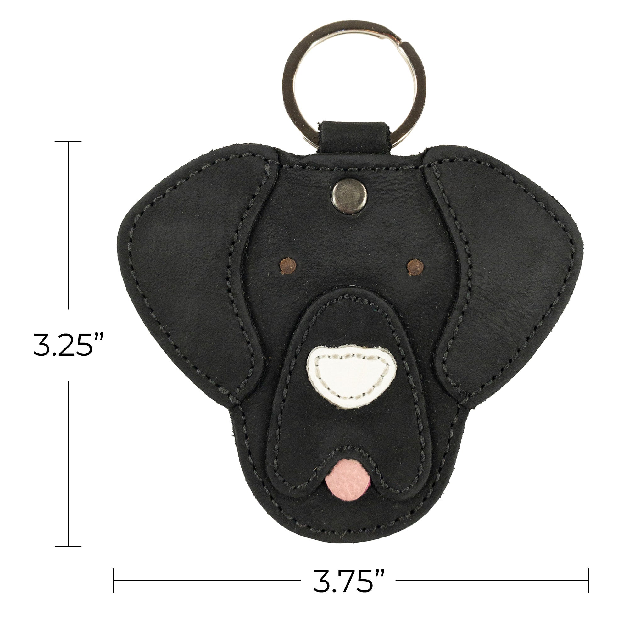 Detailed dimensions of the black Labrador Dog Critter Keychain by Taco Dog, measuring 3.75 inches long. This handcrafted keychain is made from Full Grain Leather and showcases artisan-quality craftsmanship through small batch production.
