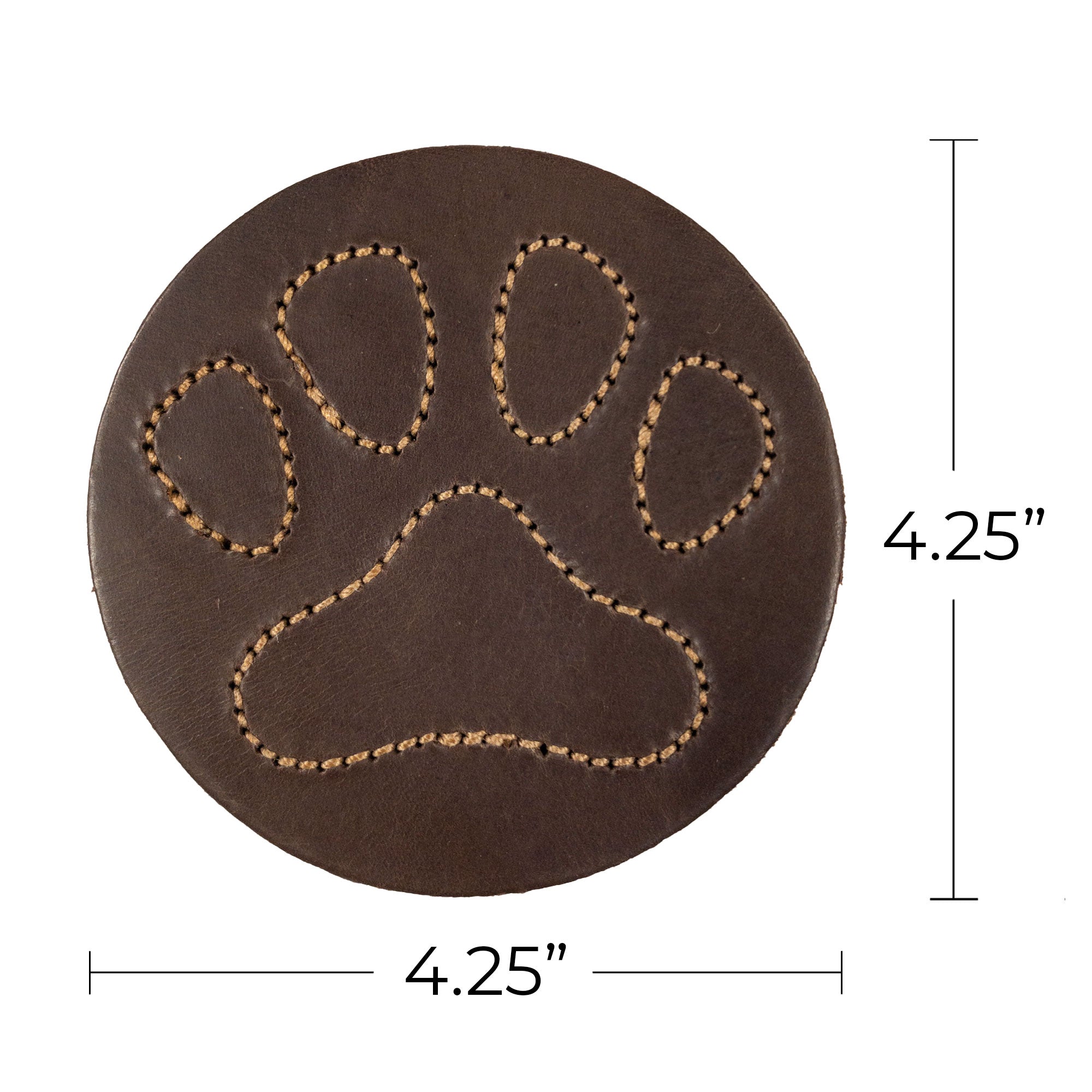 Detailed image showcasing the dimensions of Taco Dog Paw Print Coasters, emphasizing their quality and craftsmanship. This set of 6 with holder is designed for home decor, providing protection for your table against hot & cold drinks, and is an excellent gift for dog lovers. Each coaster is crafted from full grain leather in La Antigua Guatemala.