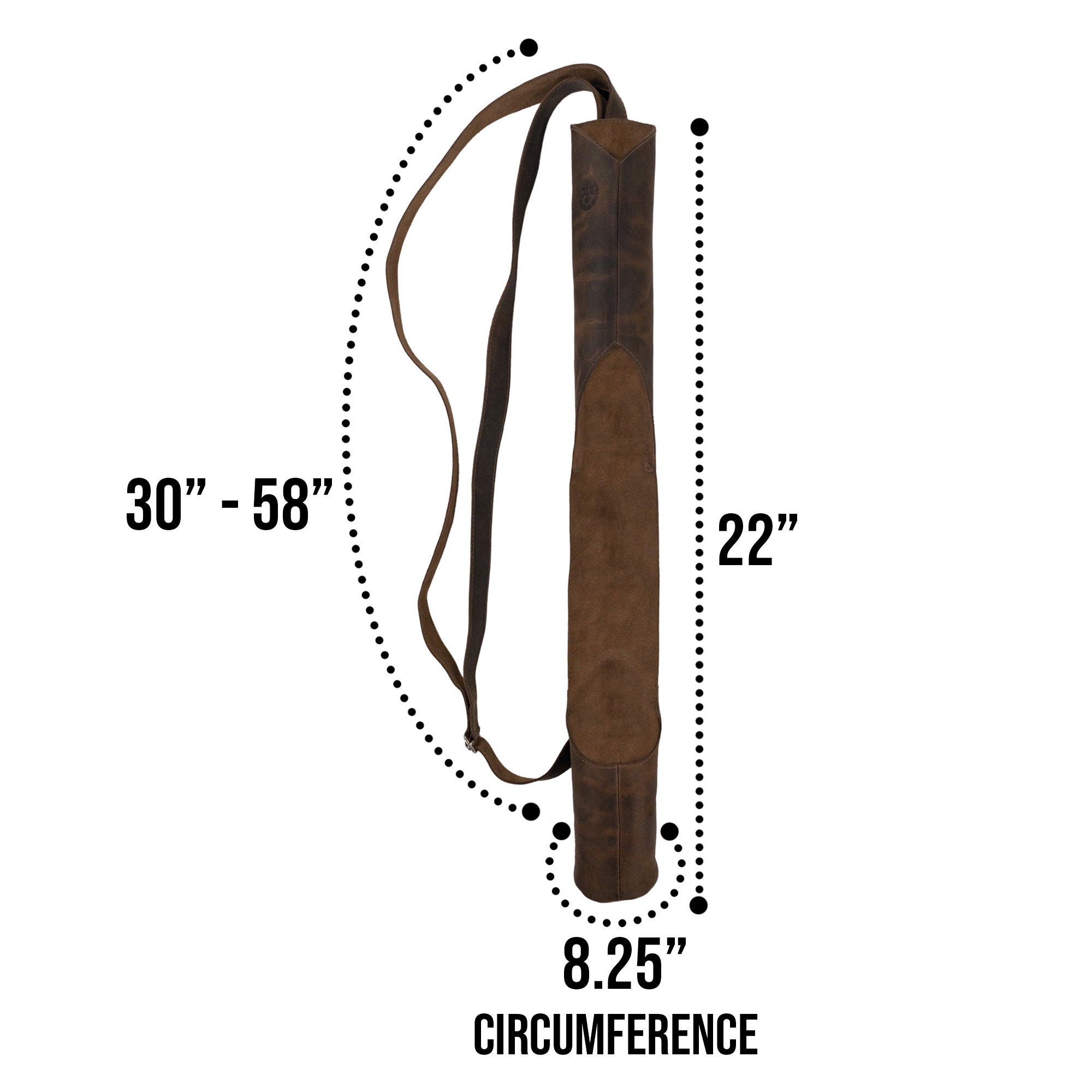 Valhalla Gear Opened Quiver with dimensions displayed, featuring an Opened Back Quiver with Adjustable Strap made from robust Full Grain Leather. This unique quiver showcases Small Batch Production, being Hand Cut and Hand Sewn, and is Fire Branded, confirming its artisan authenticity. Handmade in La Antigua Guatemala & Oaxaca Mexico.