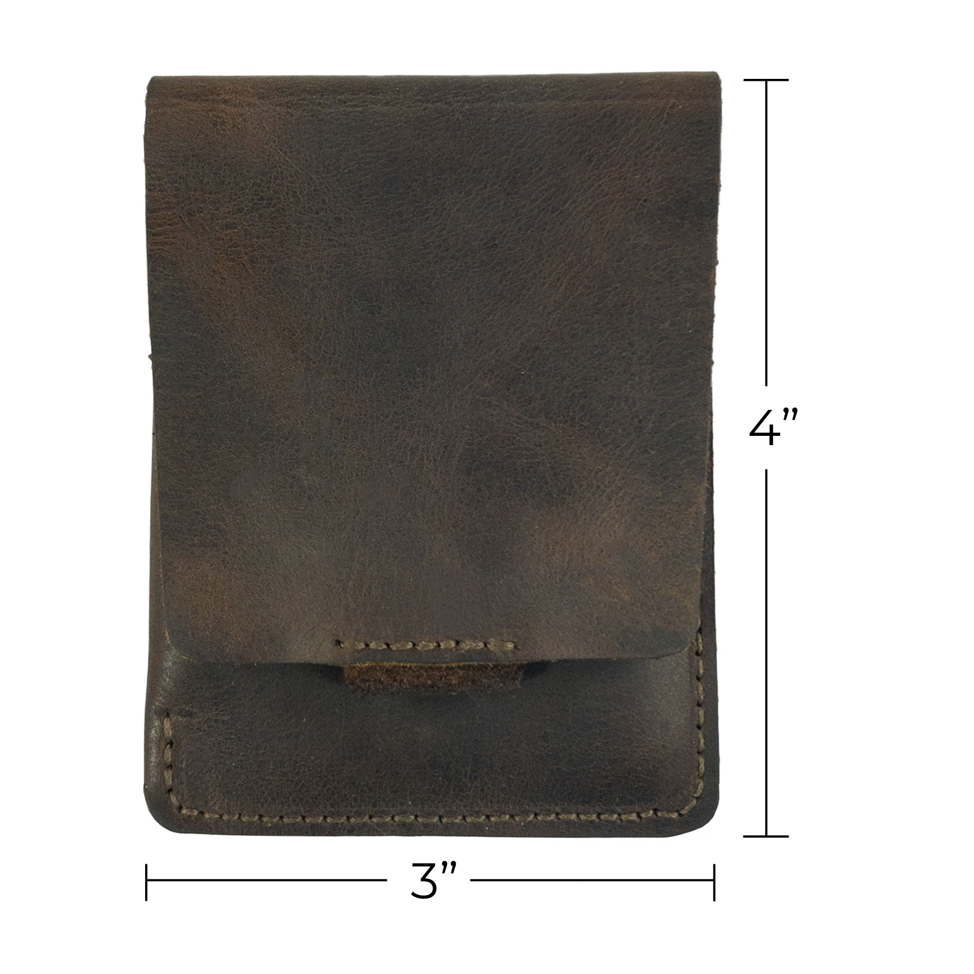 Hide & Drink Slim Card Holder with dimensions, a stylish and practical vertical card holder made from full grain leather. Designed for holding up to 4 cards plus cash, handcrafted by artisans in Oaxaca and La Antigua Guatemala, it embodies the essence of small batch production.