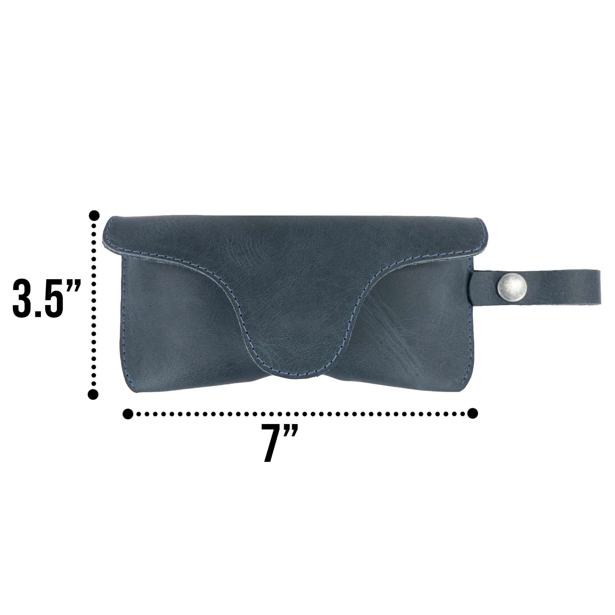 Closed dark blue Eyeglasses Case with Strap from Hide & Drink, providing an elegant solution for storing sunglasses. Made from high-quality full grain leather, this protector for eyewear reflects artisan quality from La Antigua Guatemala & Oaxaca Mexico.