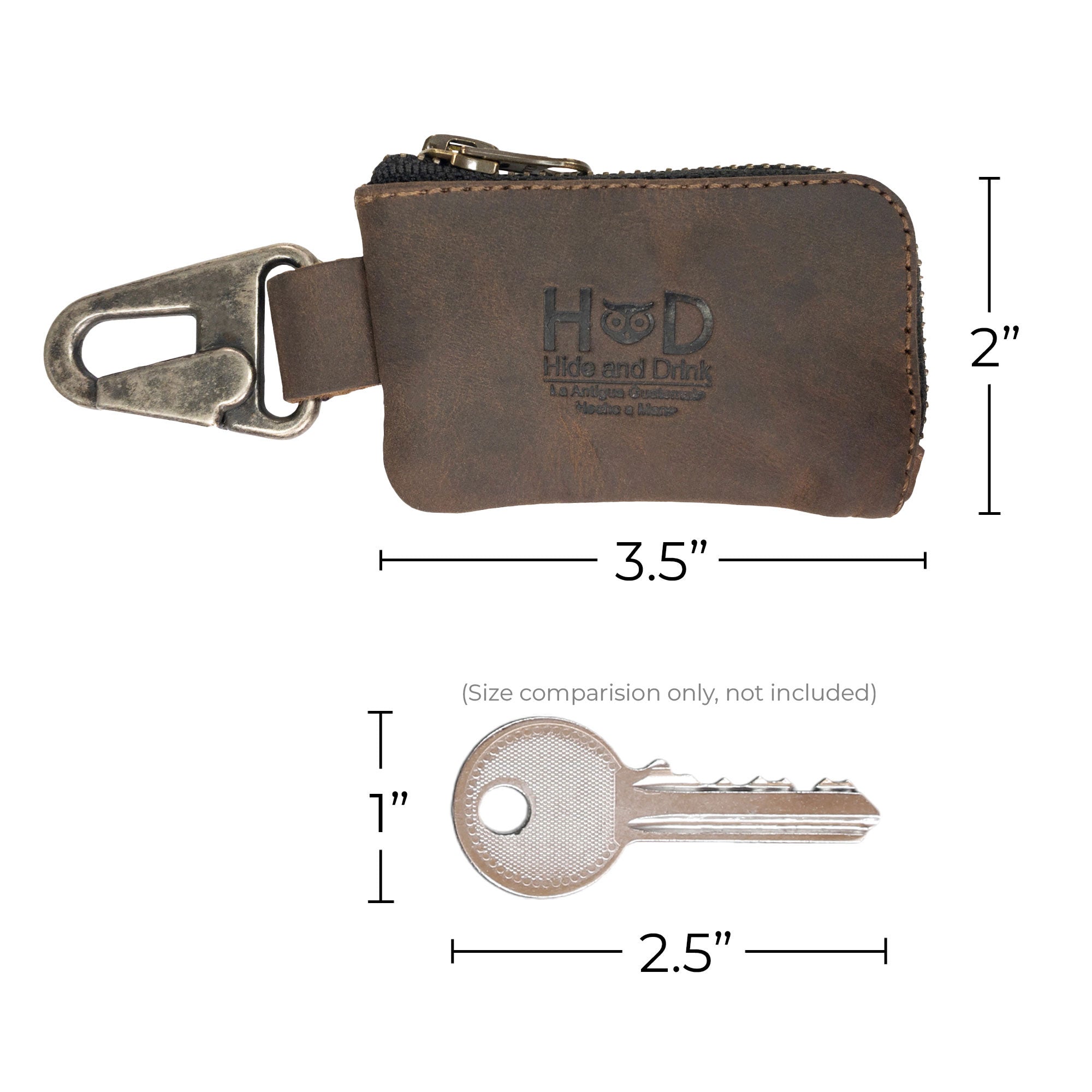 Hide & Drink Car Key Holder alongside a comparison key, highlighting its compact size and high-quality leather craftsmanship, perfect for organizing cash and cables while on the go.