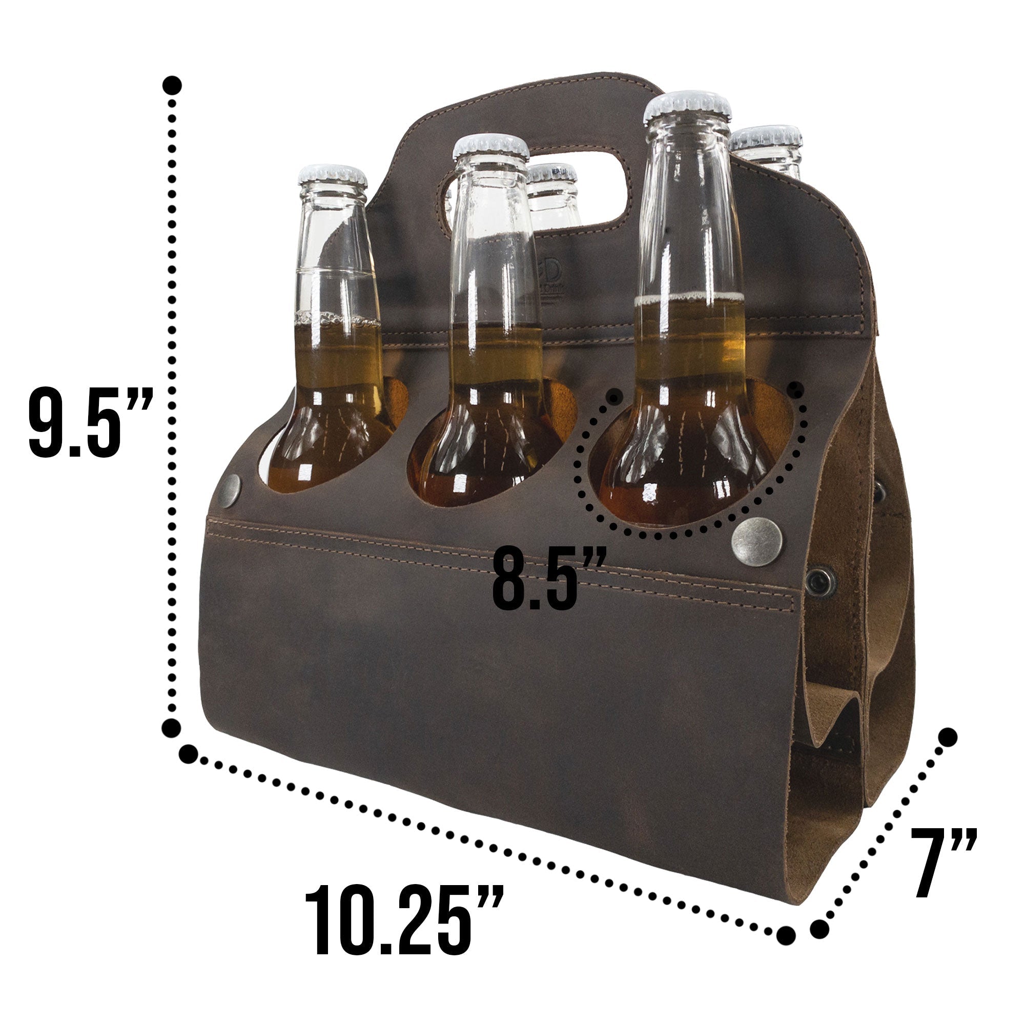Dimensions of Hide & Drink's Six Bottle Caddy displayed alongside beer bottles, showcasing its purpose as a Beer Holster for Bike. Crafted from Full Grain Leather, this handmade item demonstrates Small Batch Production, with hand cut and hand sewn features.