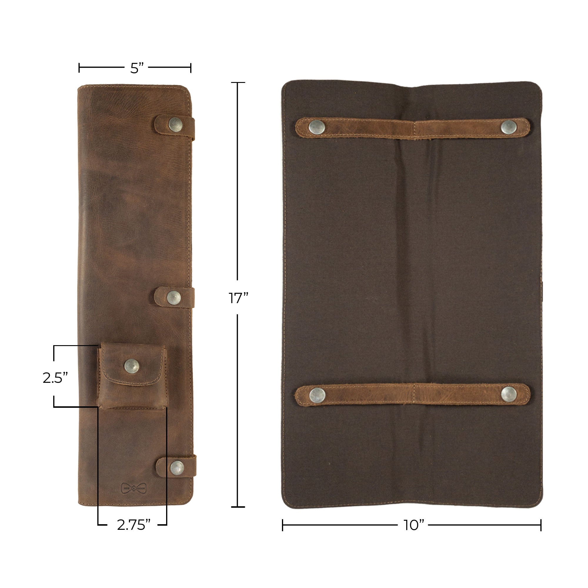Measurement details of the Travel Tie Case by Hide & Groom, illustrating its size dimensions against a backdrop of full grain leather. Perfect for best men, this Travel Tie Case combines function with artisan quality.