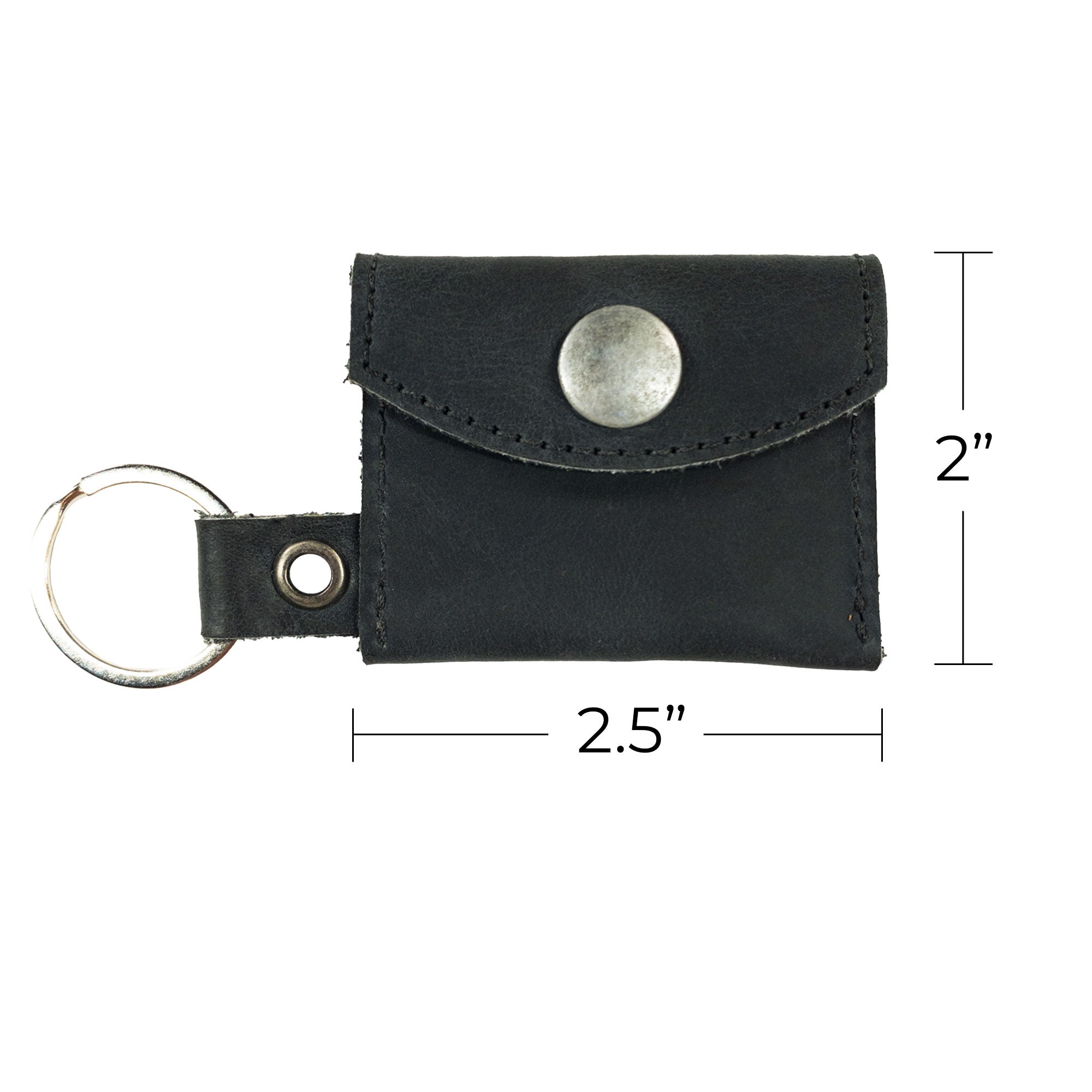 The size dimensions of the Tiny Coin Holder Keychain by Hide & Drink, showcasing its compact design of 2.5 in. width. Made from durable Full Grain Leather, this Tiny Coin Holder is a crafted masterpiece from small batch production.