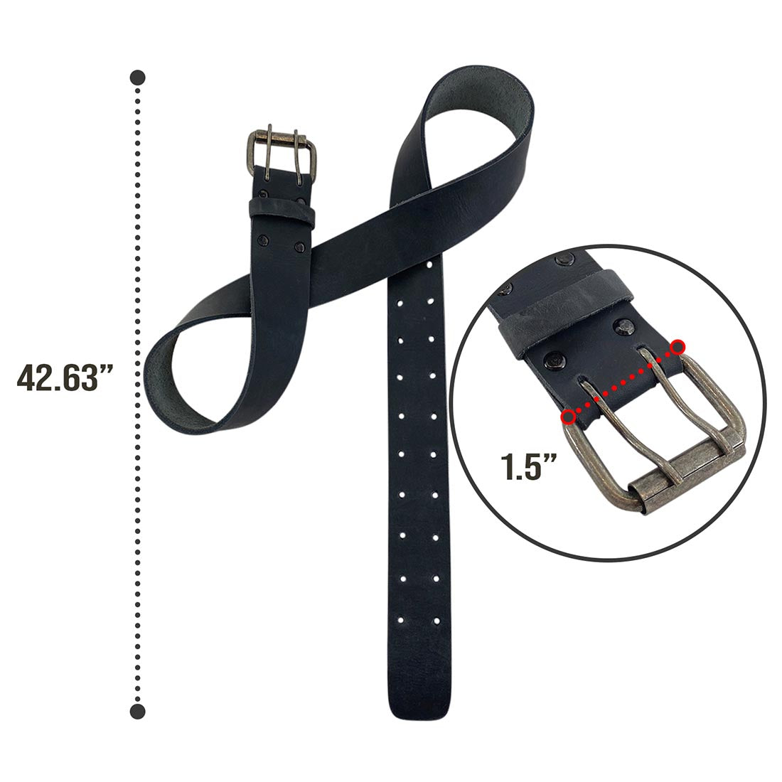 Reinforced Double Prong Buckle Belt by Hide & Drink in a flat layout, showcasing its rustic design. This 1.5 in. wide belt is made from full grain leather, illustrating stockyardX values and small batch production, including hand cut, hand sewn, and fire branded artisan craftsmanship, made in La Antigua Guatemala & Oaxaca Mexico.