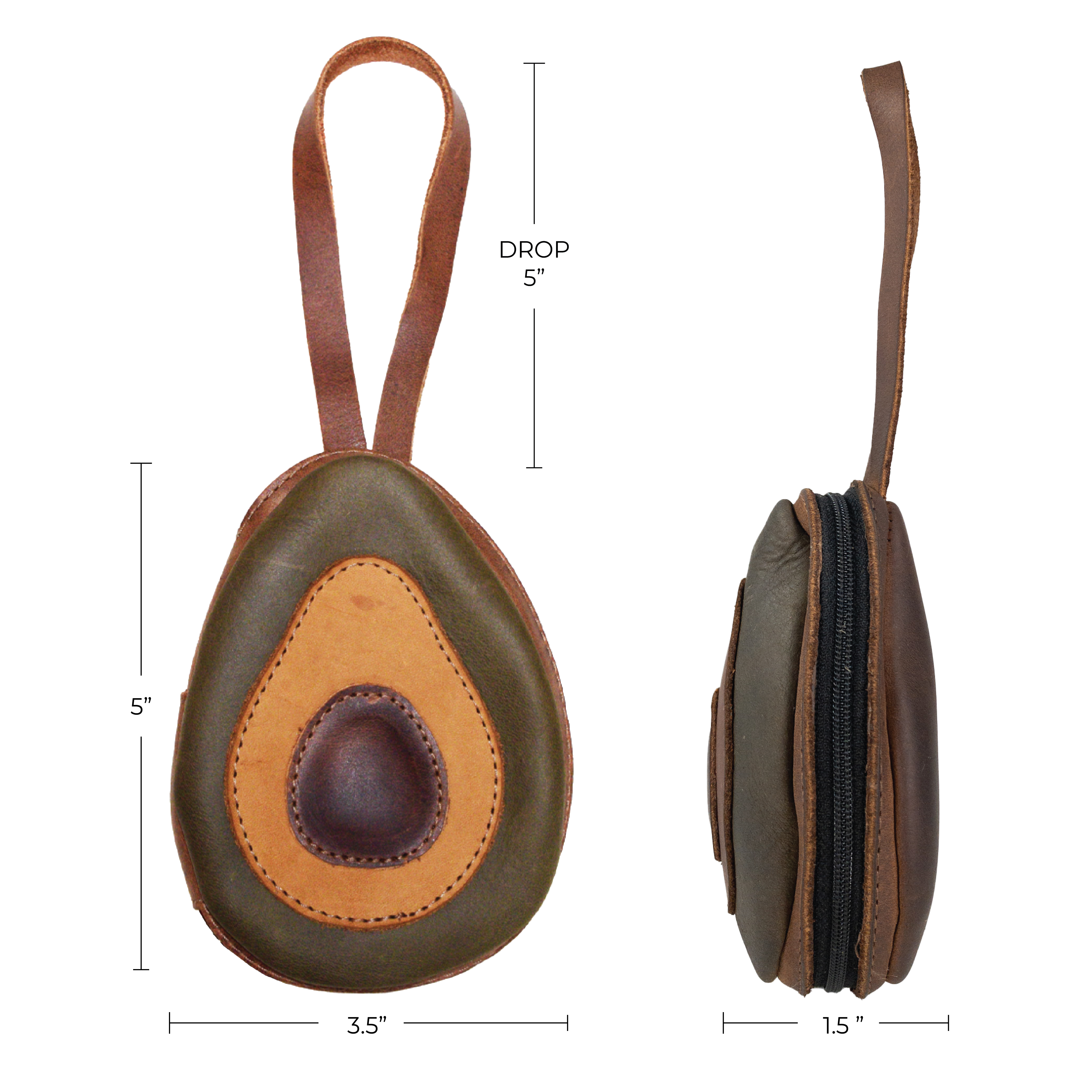 Hide & Drink Avocado Purse, illustrating the dimensions of this cute and functional case bag, perfect for coins, cards, and money organization. This avocado purse is handcrafted from premium full grain leather, embodying small batch production with details like hand cutting, hand sewing, and fire branding by artisans from La Antigua Guatemala & Oaxaca Mexico.