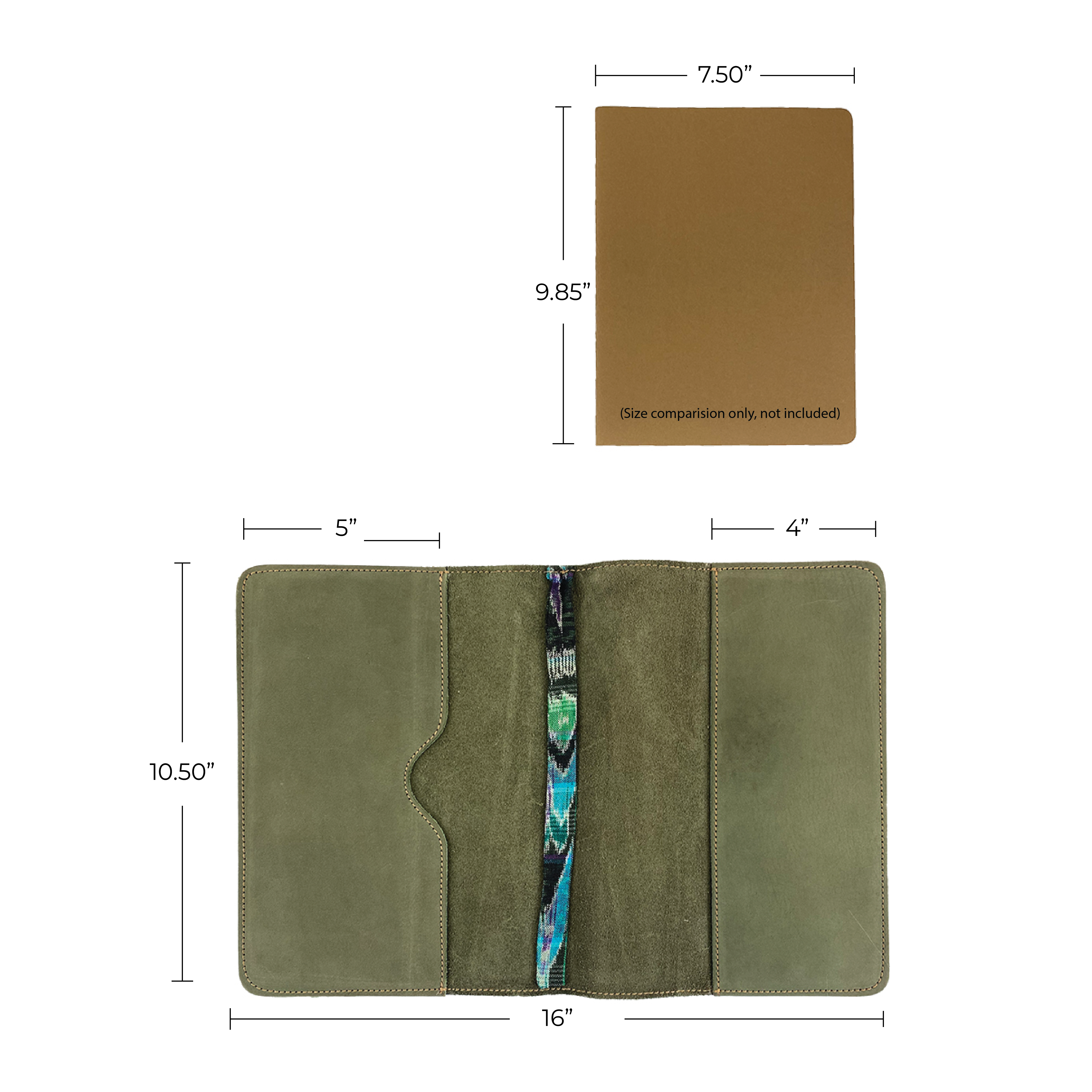 Back view of the olive green Full Grain Leather Journal Cover for Moleskine Cahier XL (7.5 x 9.75 in.) by Hide & Drink, showcasing its artisan details and durable leather finish. Perfect for anyone looking for a stylish yet functional notebook case.