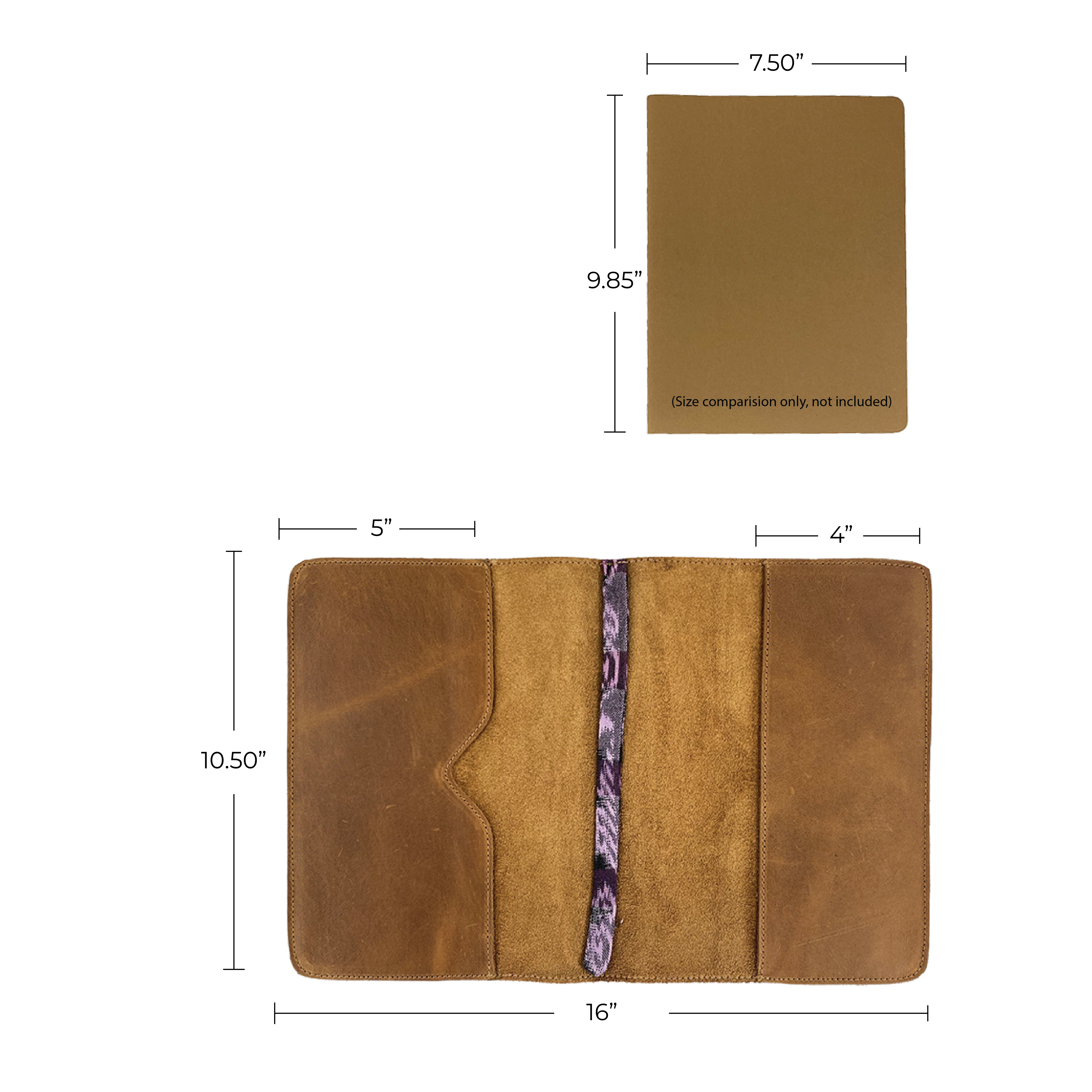 Close-up dimension illustration of the Full Grain Leather Journal Cover for Moleskine Cahier XL (7.5 x 9.75 in.) by Hide & Drink, emphasizing its tailored fit for Moleskine notebooks. Perfect for stylish journaling.