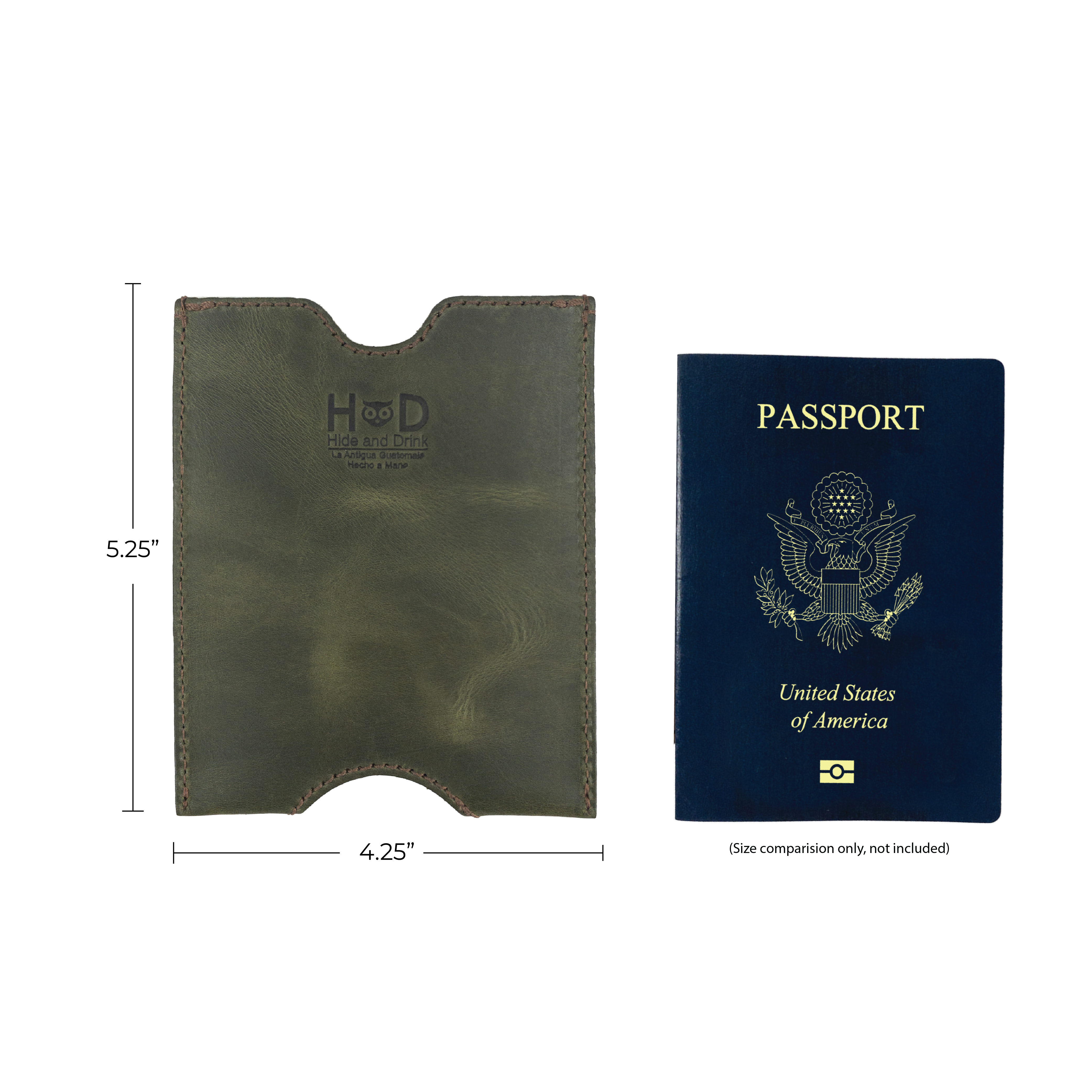Hide & Drink's green Passport Sleeve with a passport inserted, accentuating its snug design. This handmade Travel Passport Pocket Sleeve from artisan production is crafted in La Antigua Guatemala.