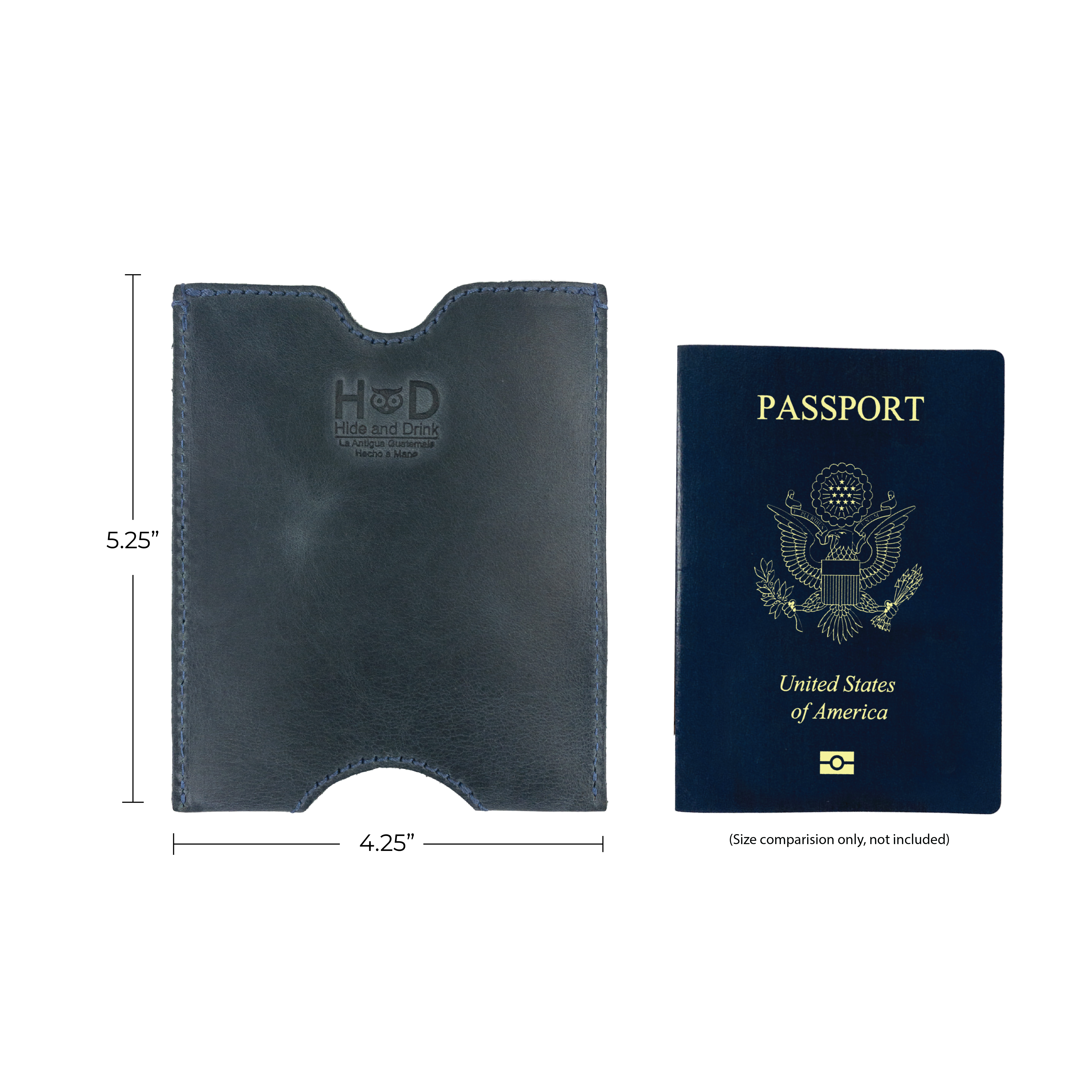 Dimension comparison of the Hide & Drink Passport Sleeve beside a U.S. passport. This full grain leather travel passport pocket sleeve is perfect for securely holding your passport, combining style and utility. Features tags: Travel Passport Pocket Sleeve, Full Grain Leather, StockyardX, Small Batch Production, Hand Cut, Hand Sewn, Fire Branded, Artisan, Handmade in La Antigua Guatemala & Oaxaca Mexico.